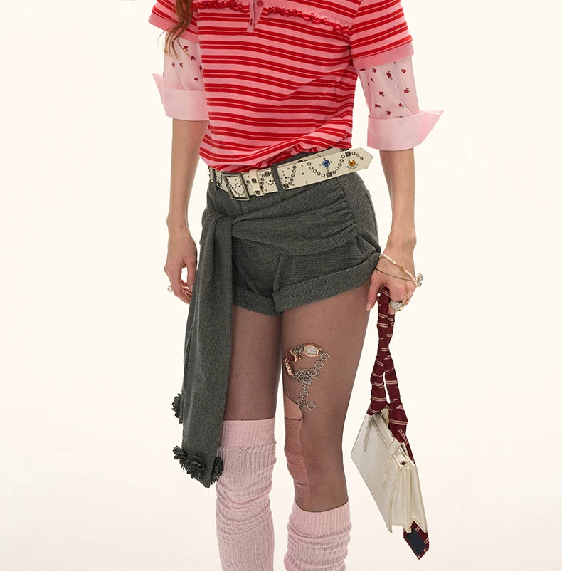 Asymmetric Tie Gray Mini Shorts