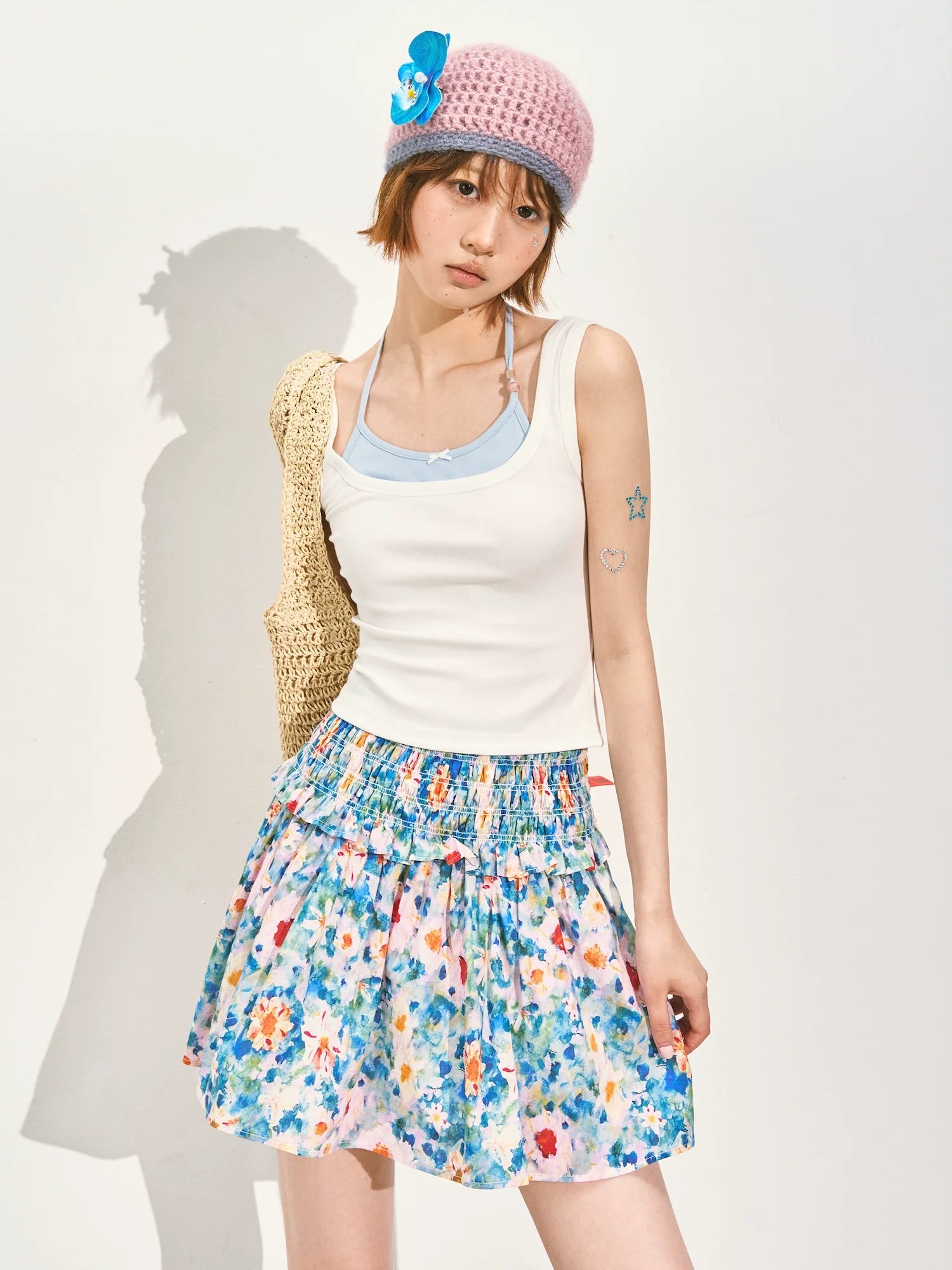 Floral Waist-cinching Slim-fit Midi A-line Skirt