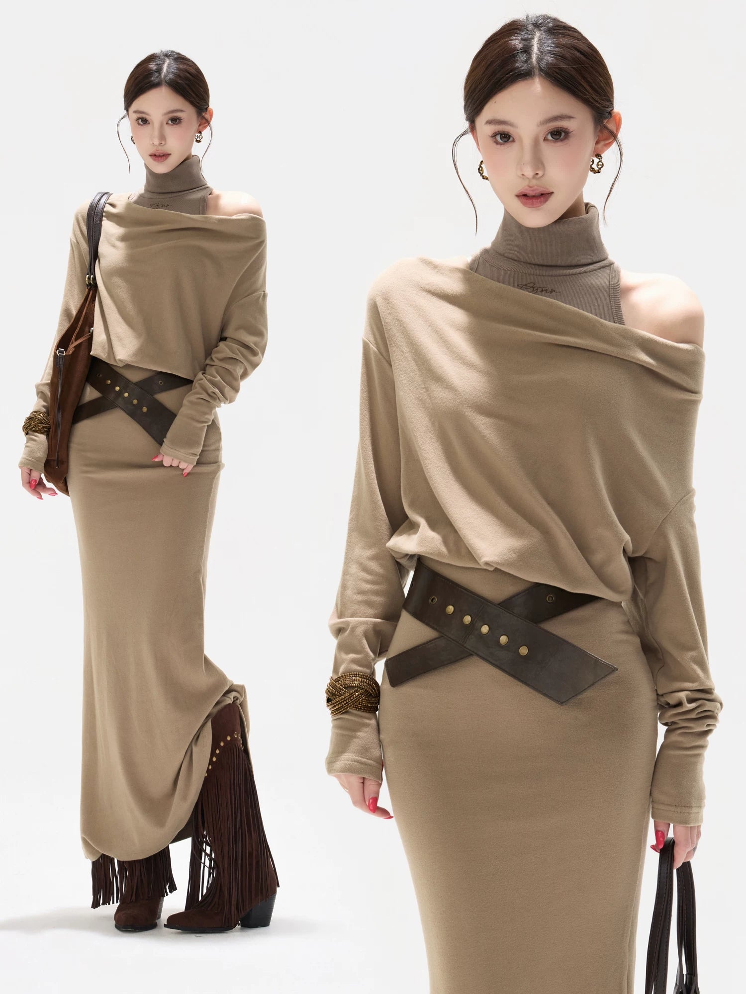 Khaki Draped High-neck Dress