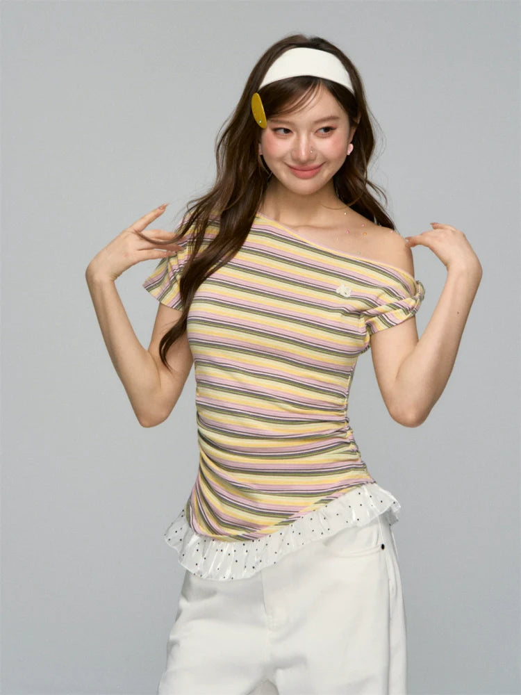 Striped Lace-Spliced Asymmetric-Shoulder T-shirt