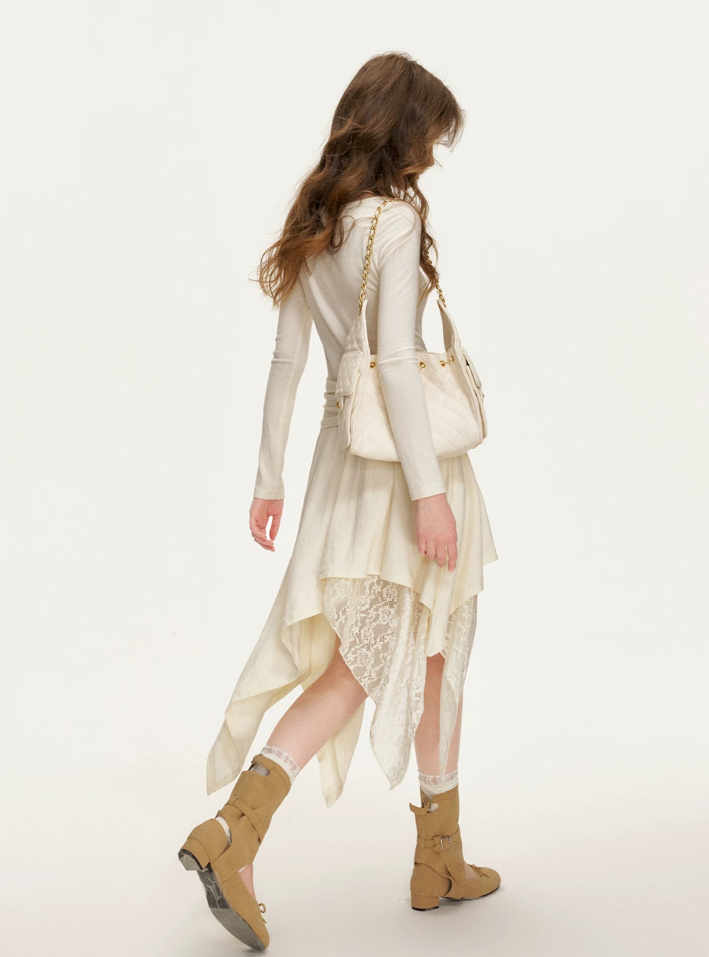Apricot Lace Ruched Dress