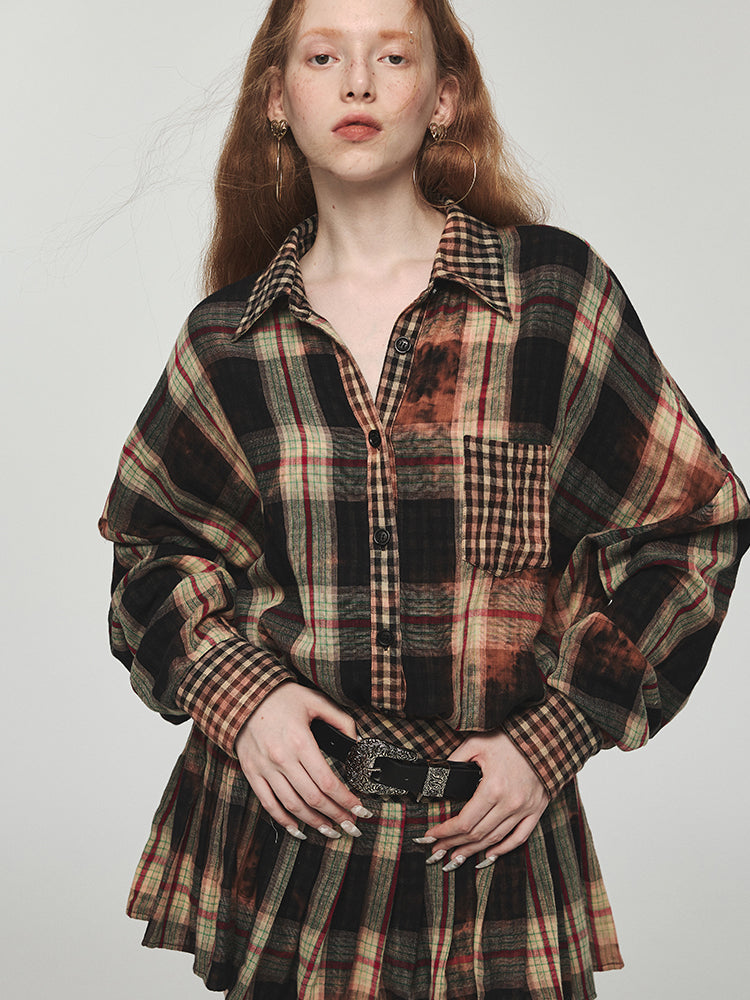 Tie-dye Plaid Shirt & Mini Skirt Set
