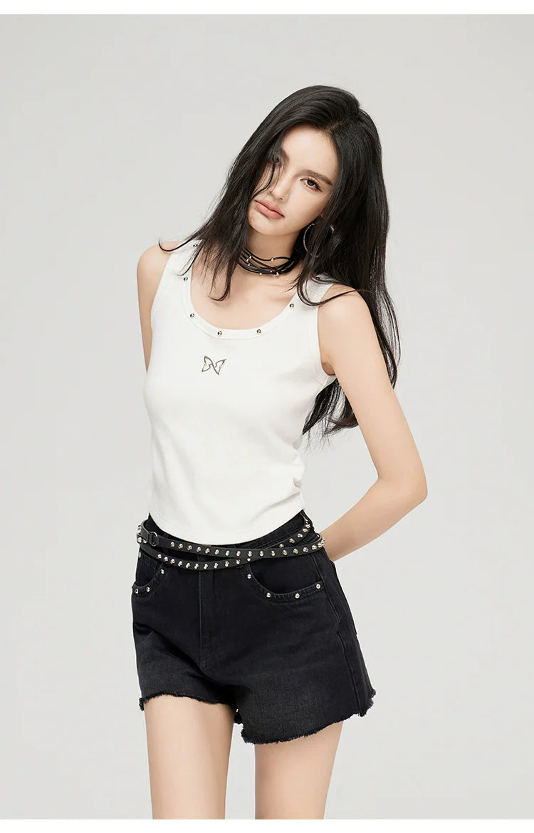 White & Black Butterfly Printed U-neck Tank Top