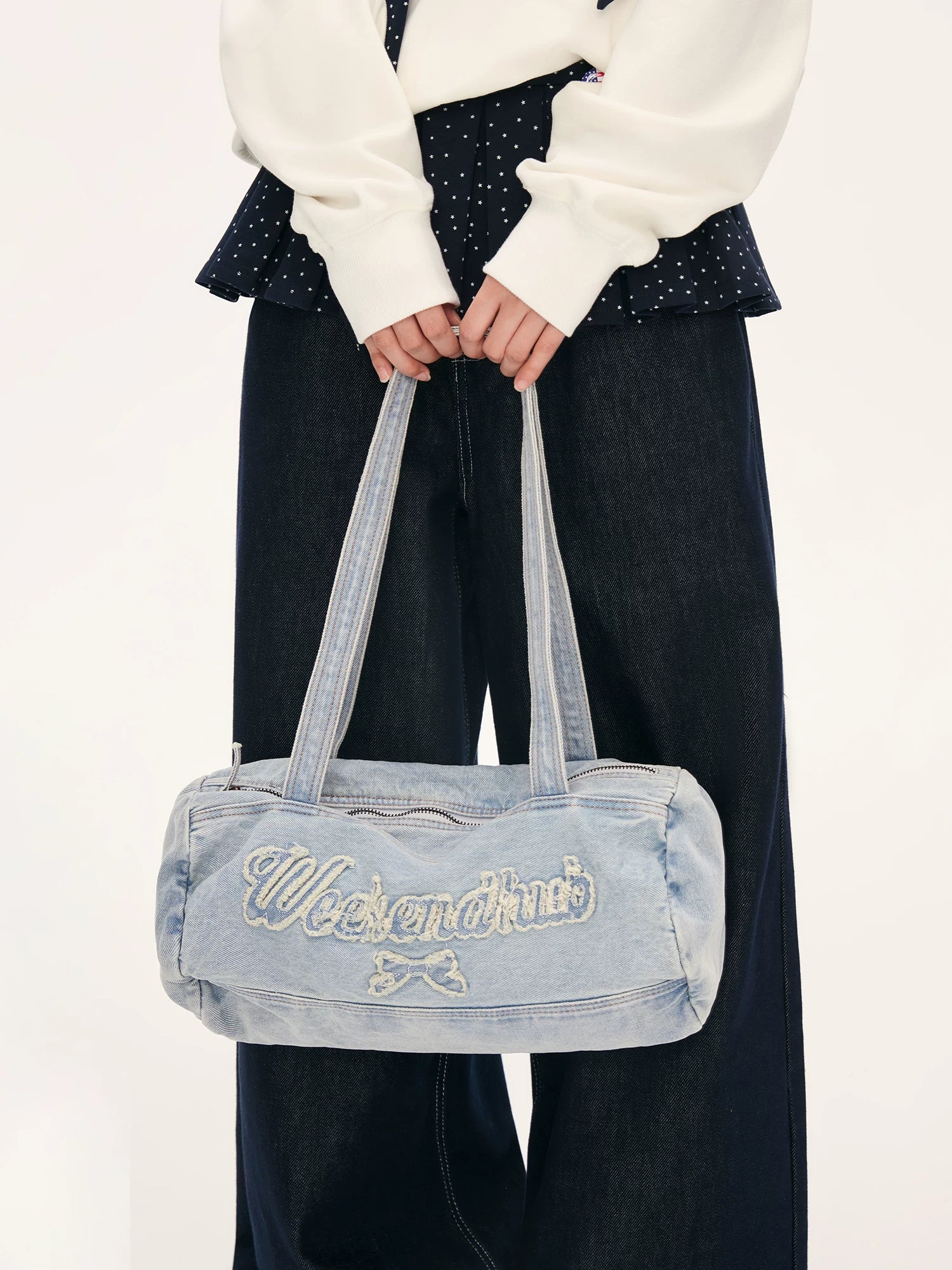 Light Blue Bow Letter Denim Shoulder Bag