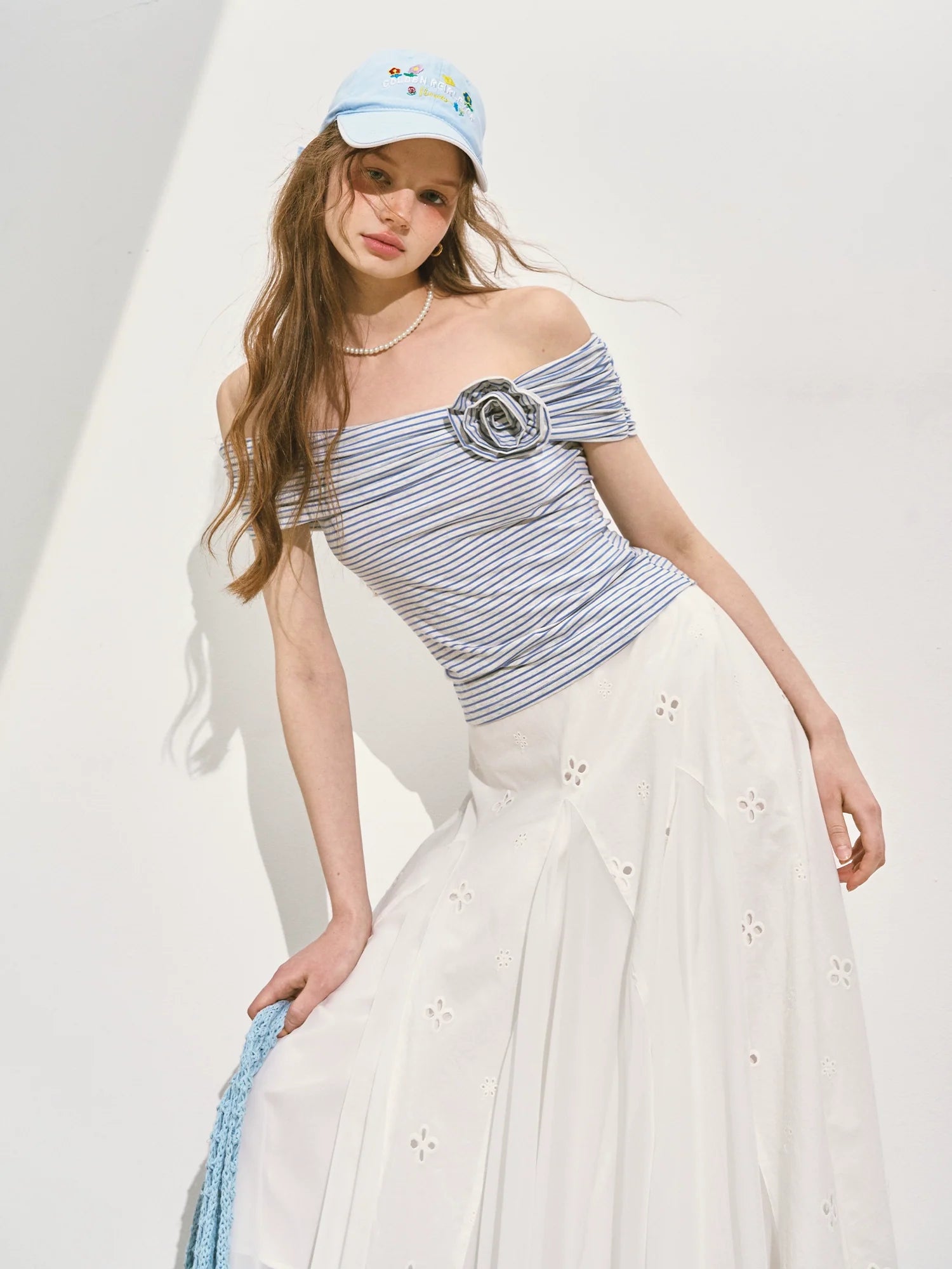 Striped Off - Shoulder Rose T - shirt