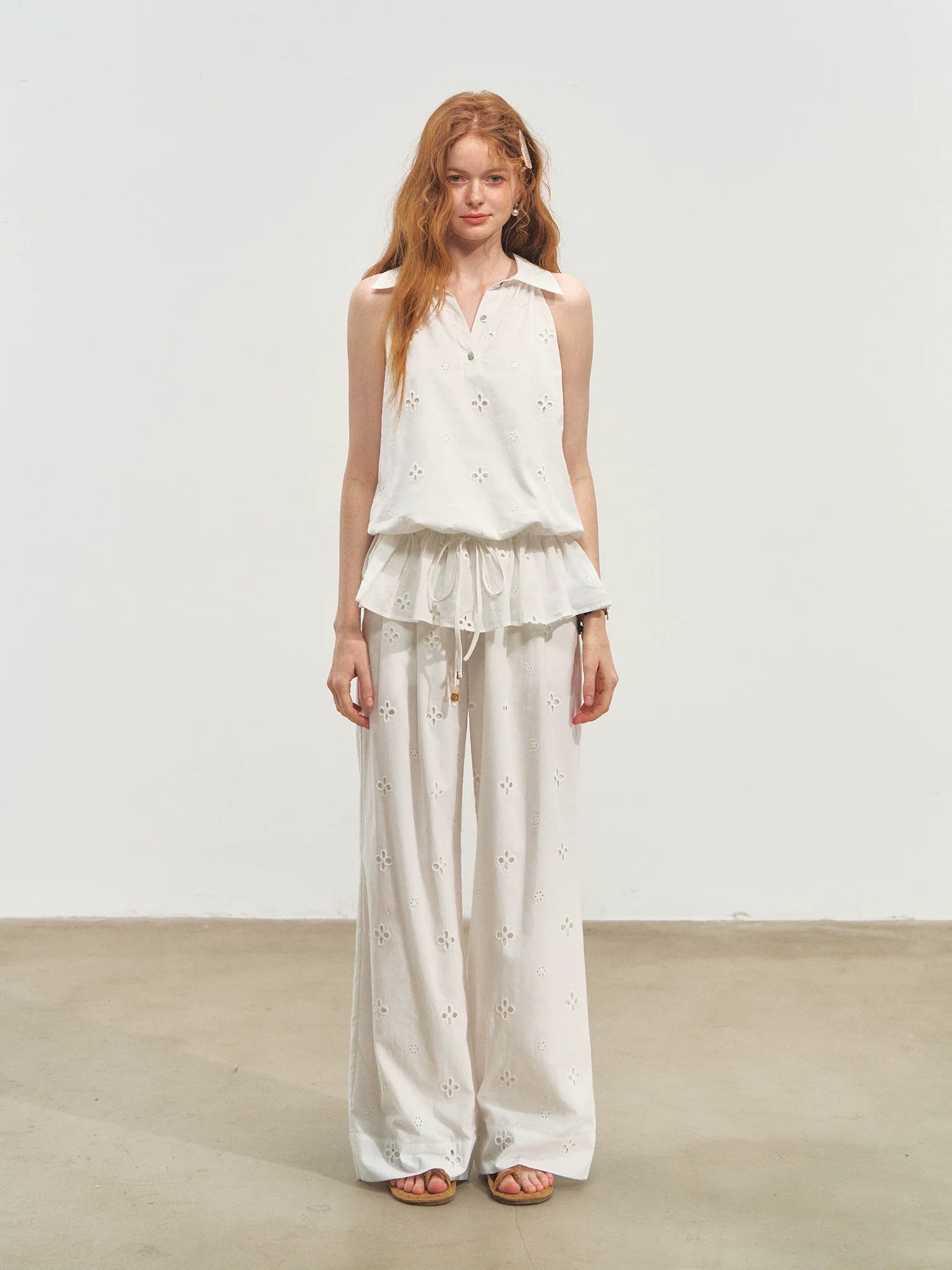 French-Style Printed Sleeveless Halter Tie-Up Top