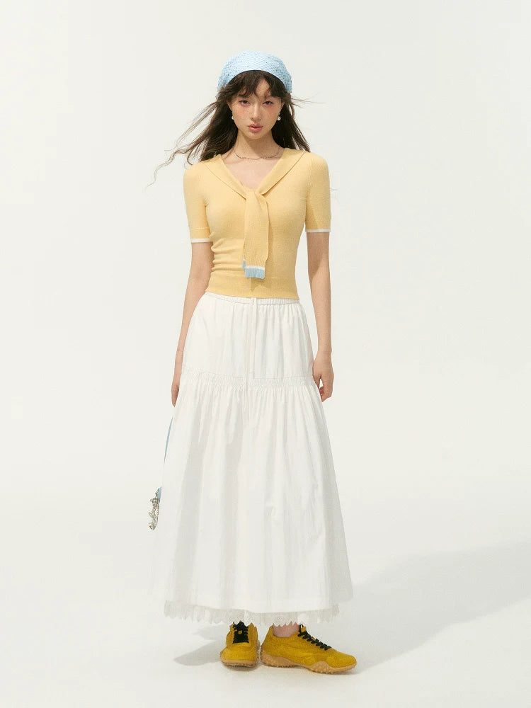 Preppy Style Collared Tie Knit Top