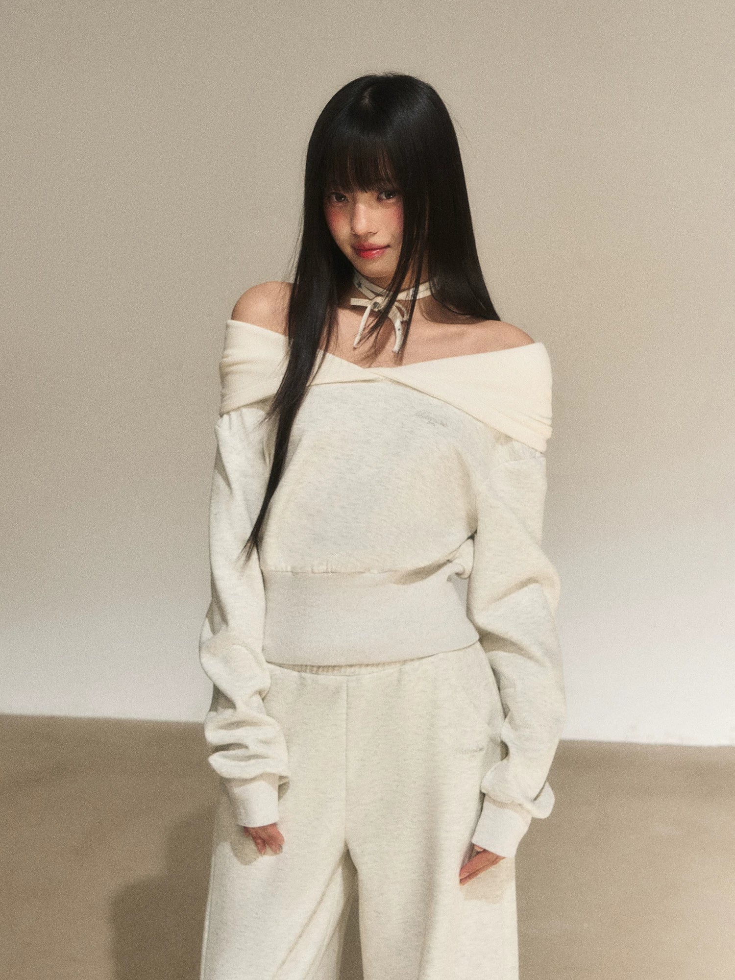 Gray Off-Shoulder Sweatshirt Set