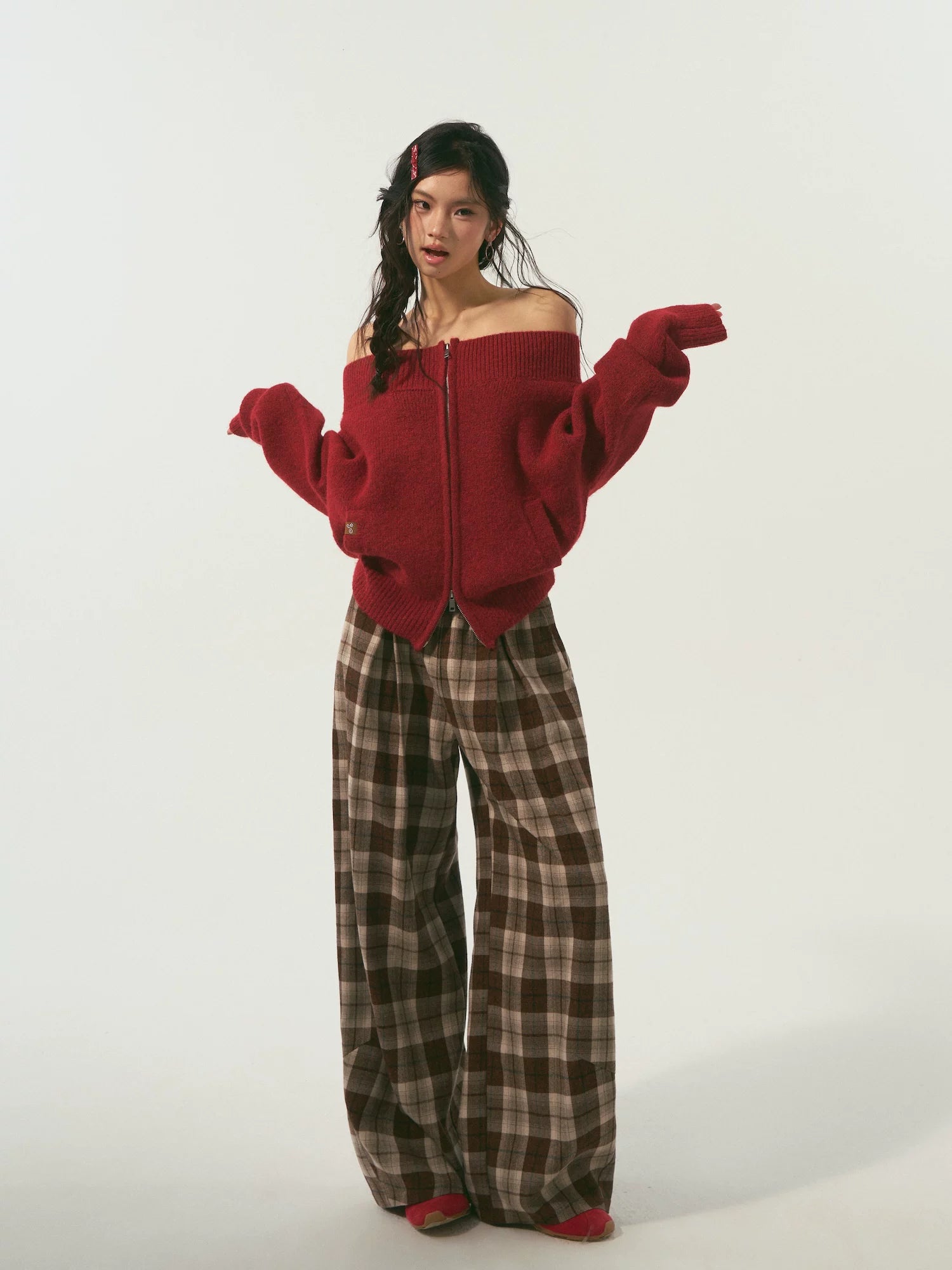 Red Off Shoulder Zip Cardigan