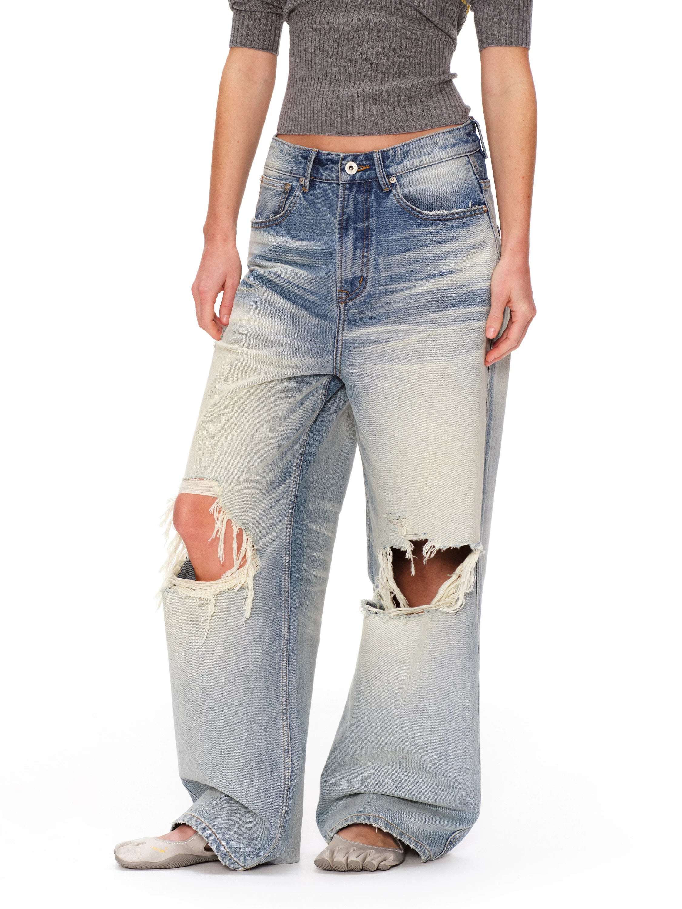 Washed Distressed Wide Jeans