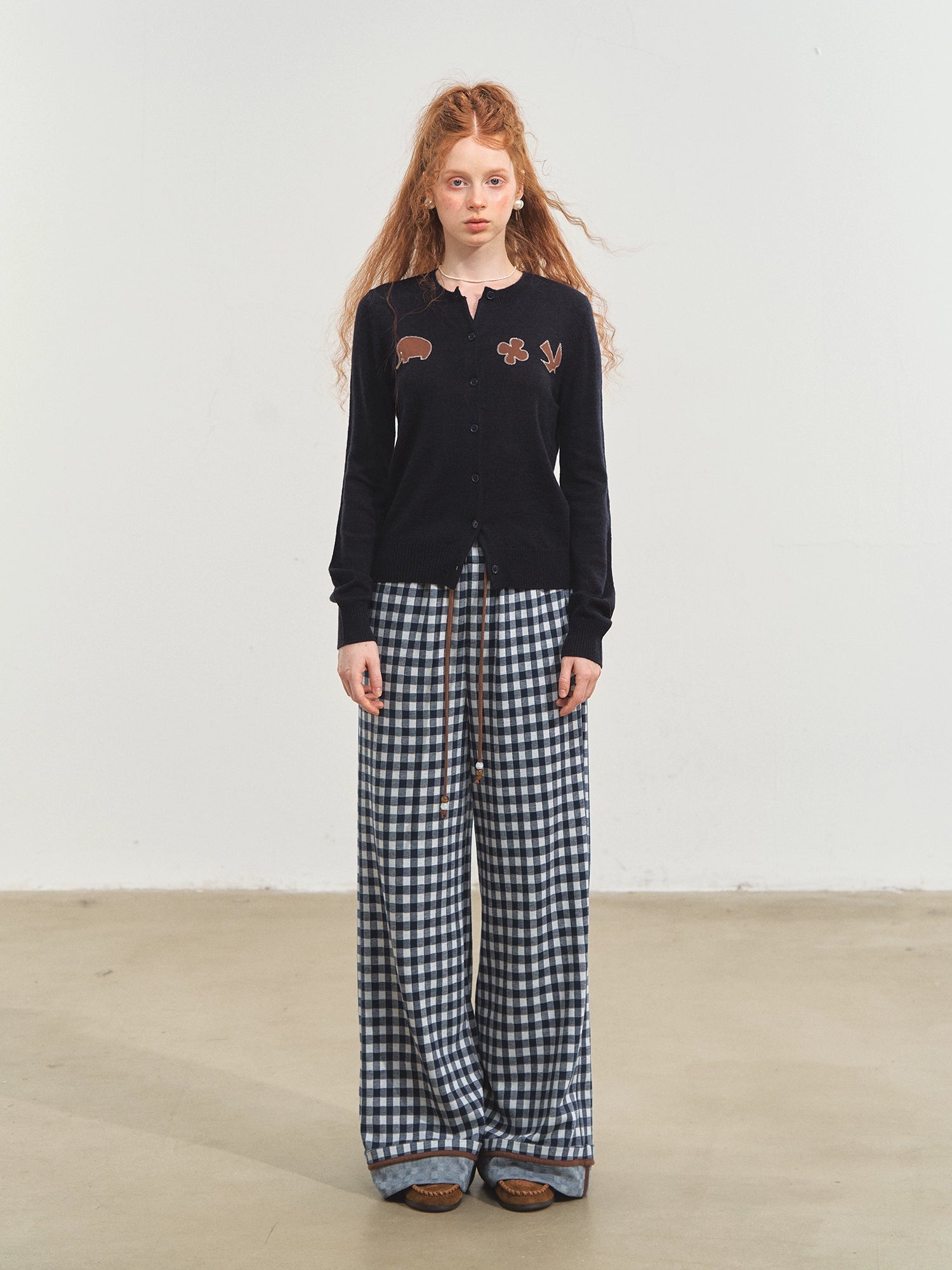 Blue Checkered Cuffed Wide-Leg Pants