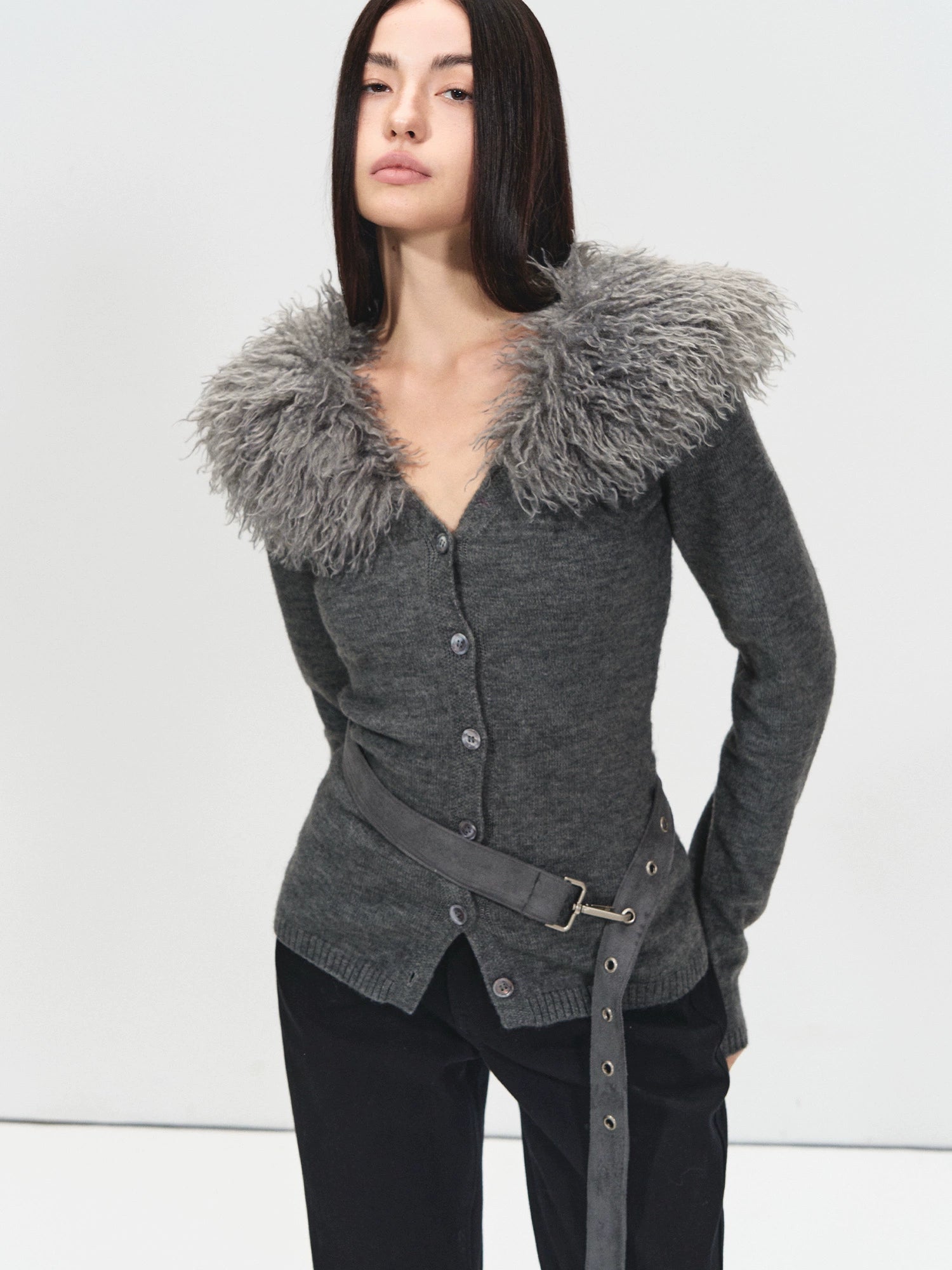 Detachable Fur Collar Suede Belted Cardigan