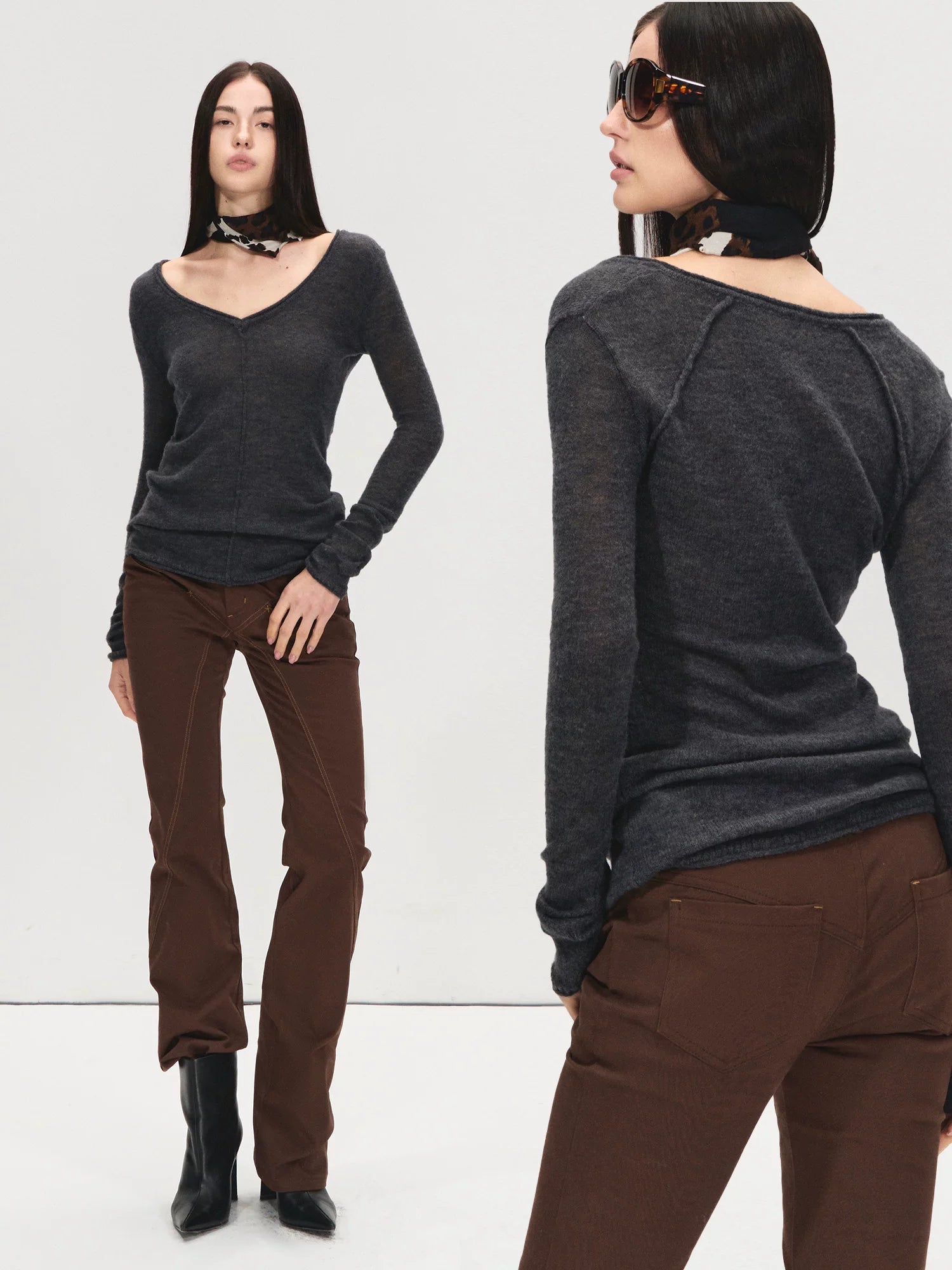 Gray V-Neck Wool Base Top