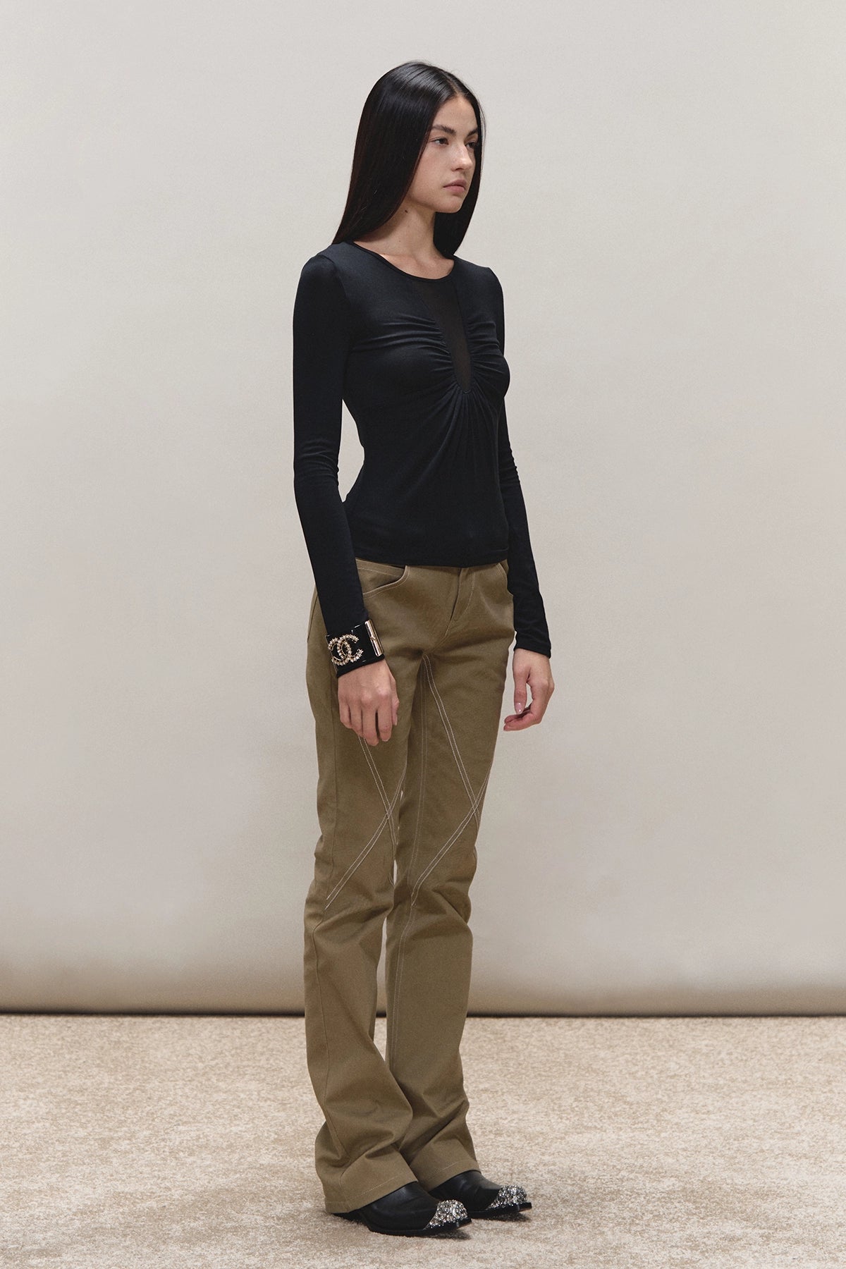 Tencel Ruched Mesh V-Neck Top