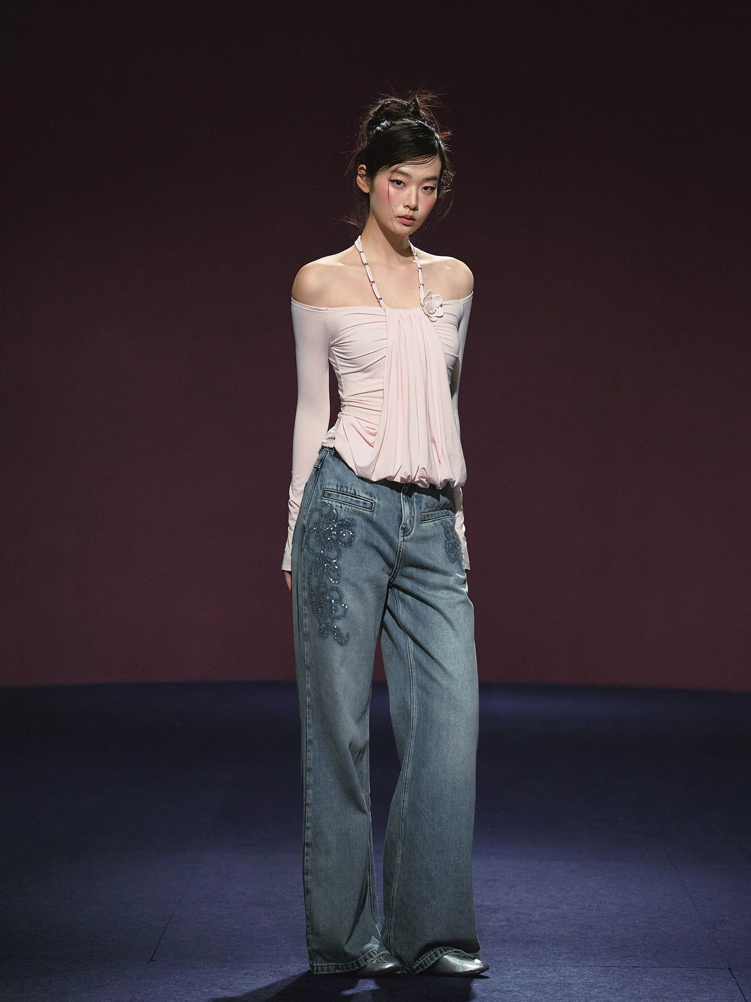 Fake Two-Piece Halter Ruched Floral One-Shoulder Blouse