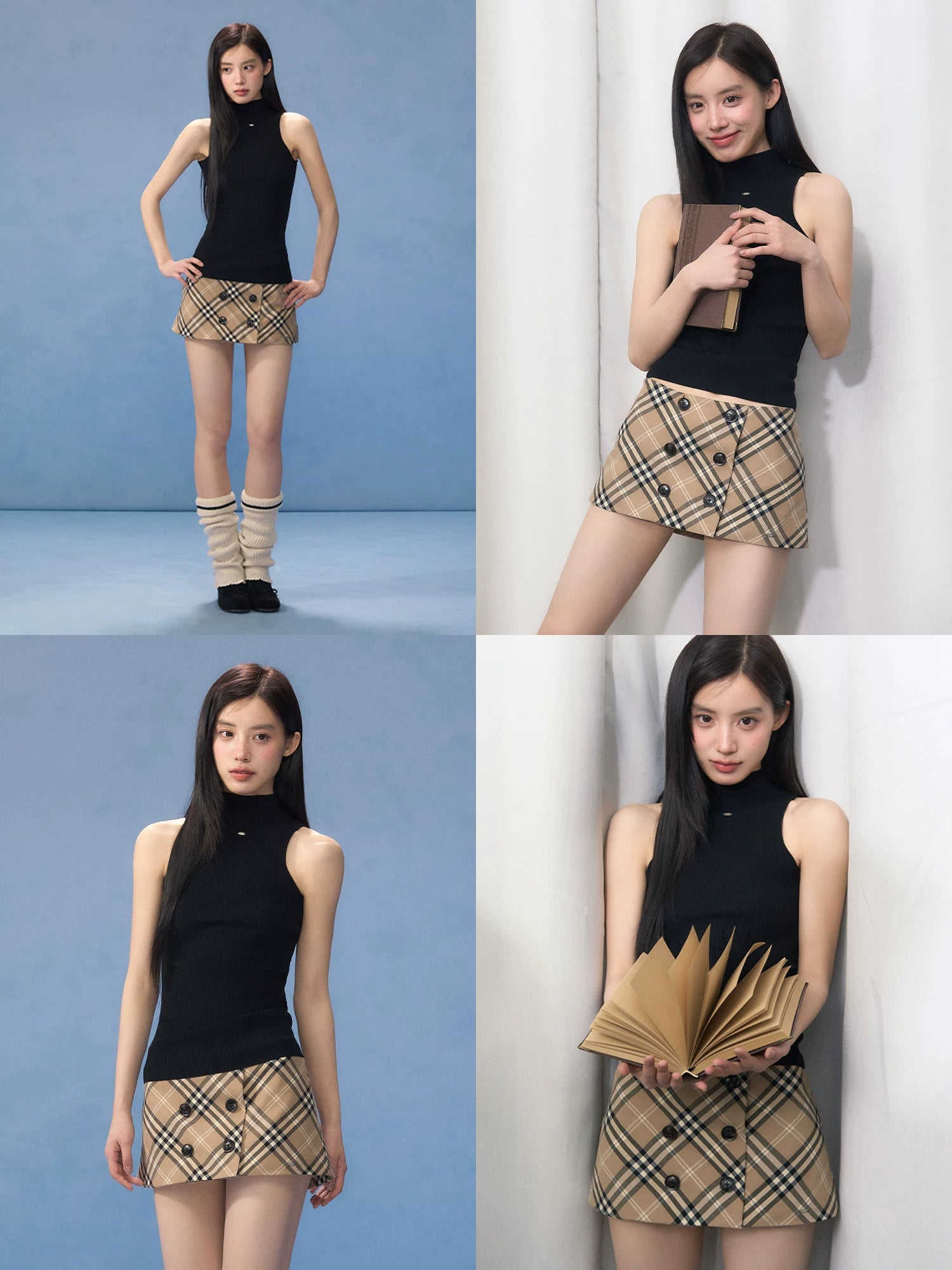 Black Mock-neck Top & Plaid Skirt Set