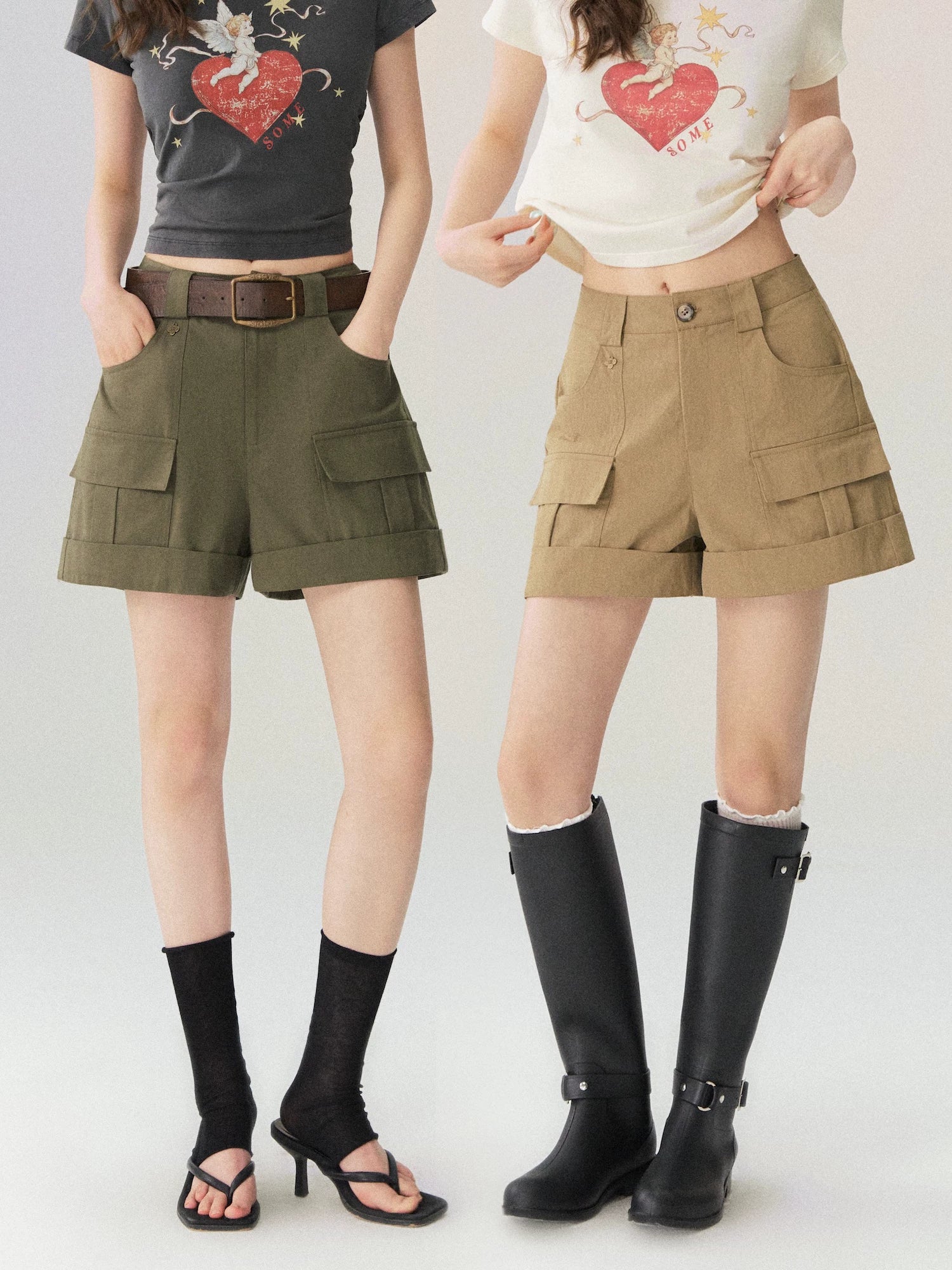 Multi-Pocket Rolled Hem Cargo Shorts