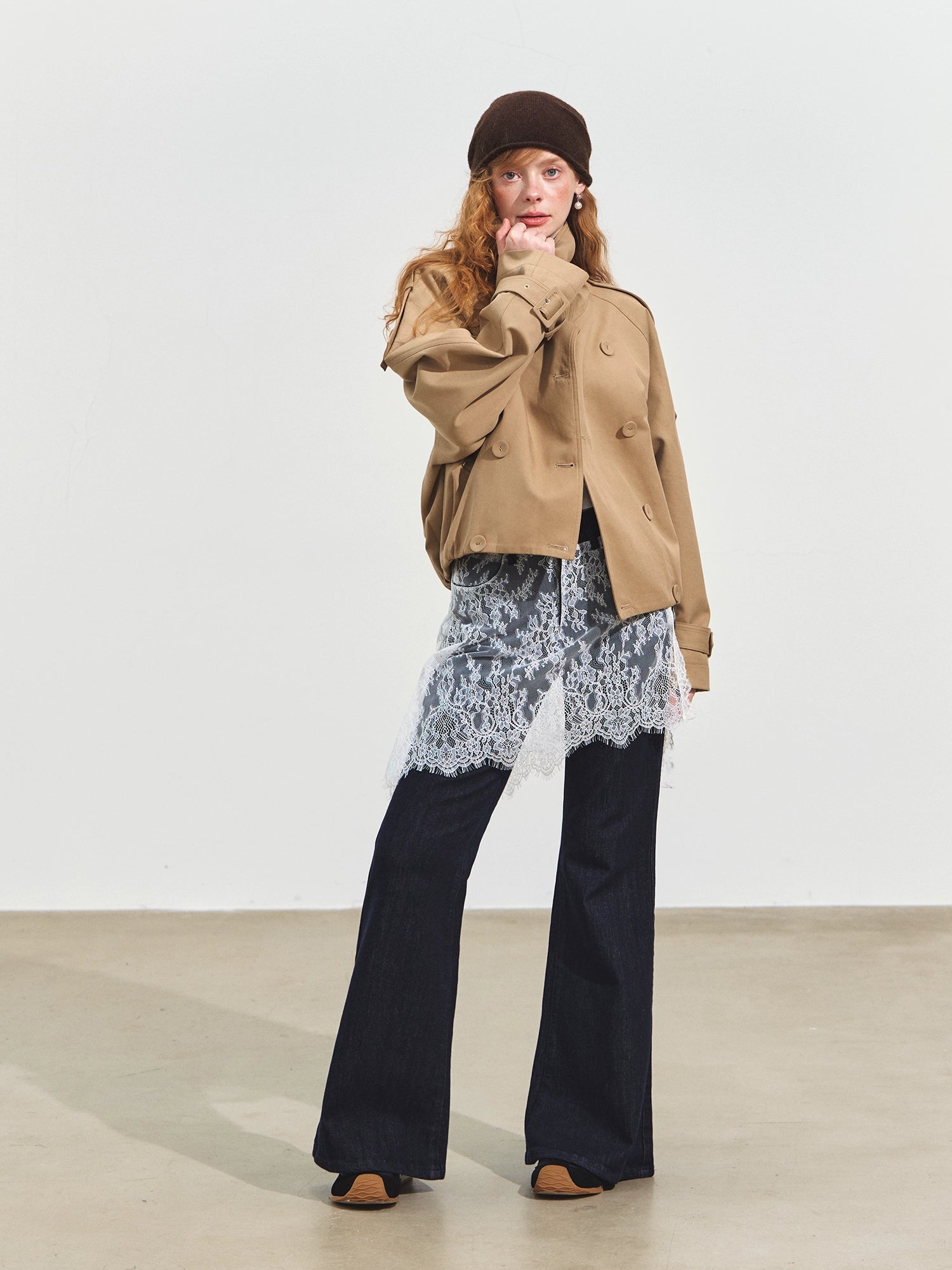 Plaid Lapel Double-Breasted Trench Coat