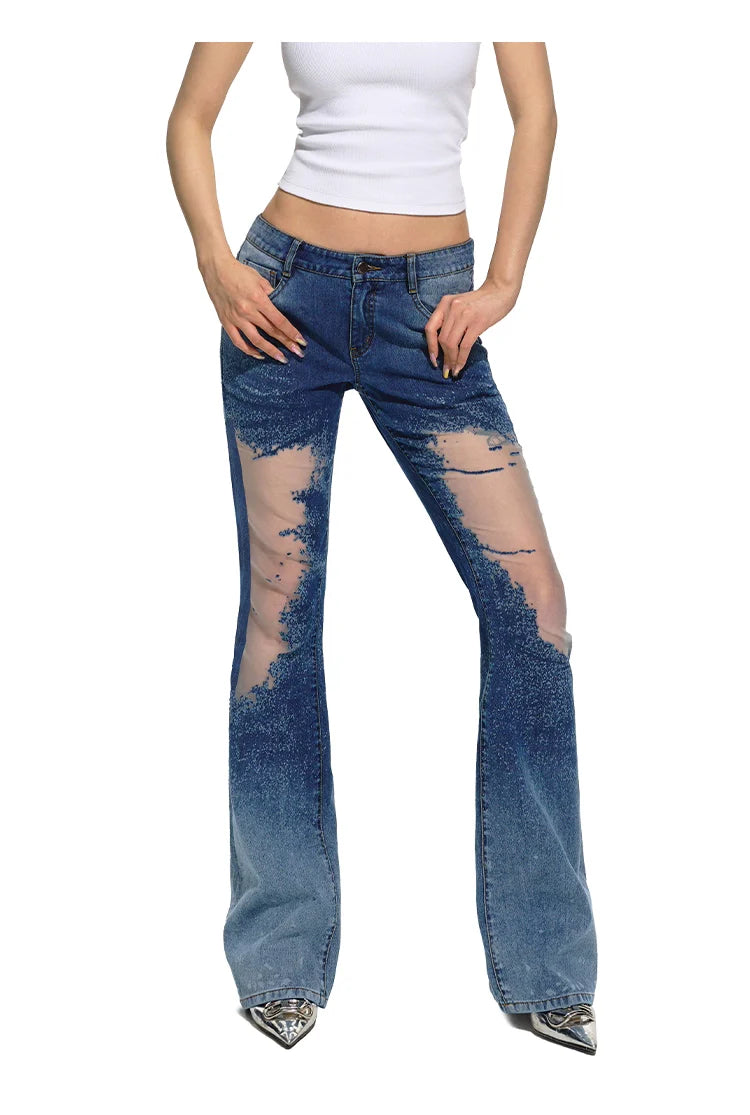 Blue Mesh Patchwork Low-Rise Flared Pants