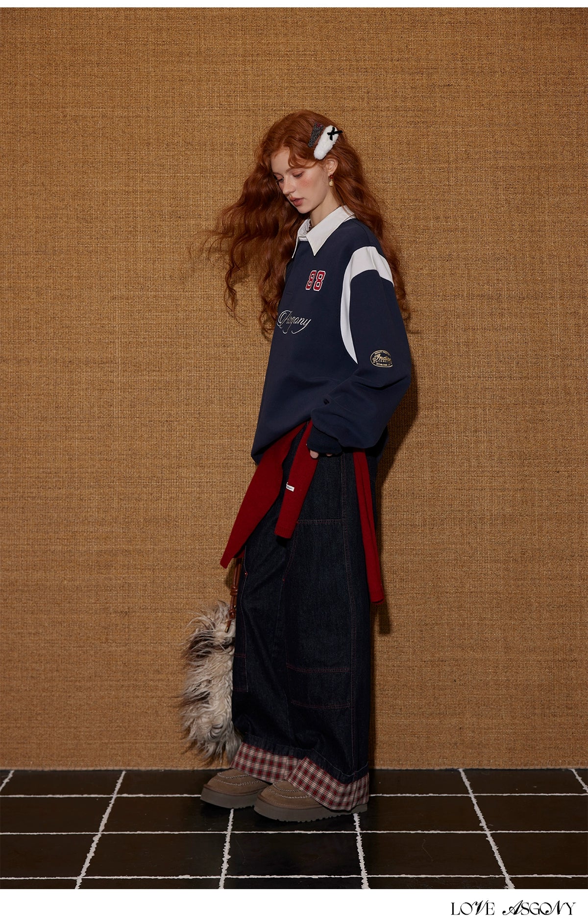 Contrast Collar Embroidered Drawstring Sweatshirt