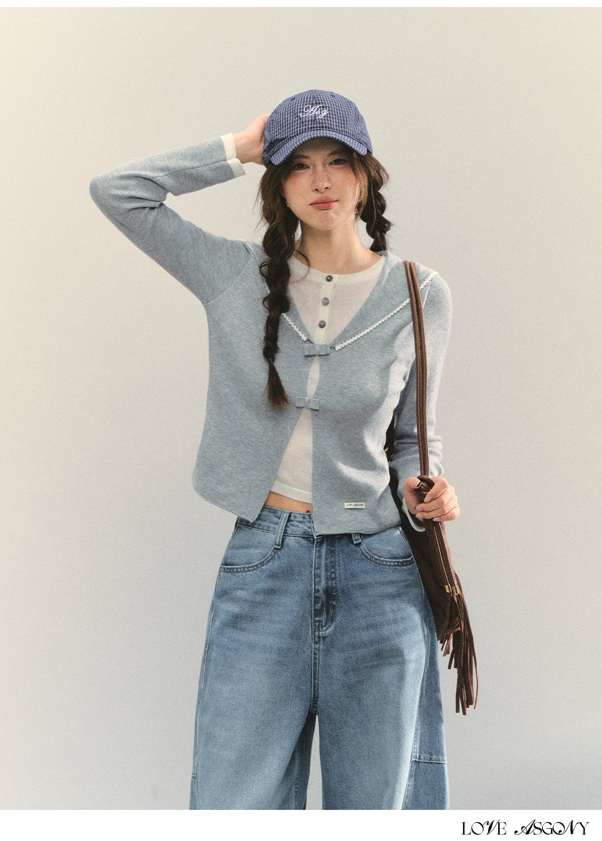 Navy Blue & Gray Sailor-Bow Knit Cardigan