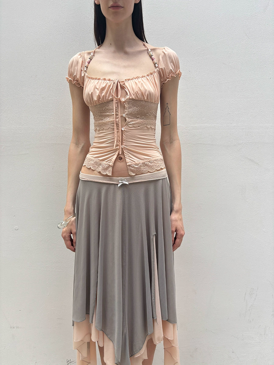 Colorblock Mesh Flared Midi Skirt