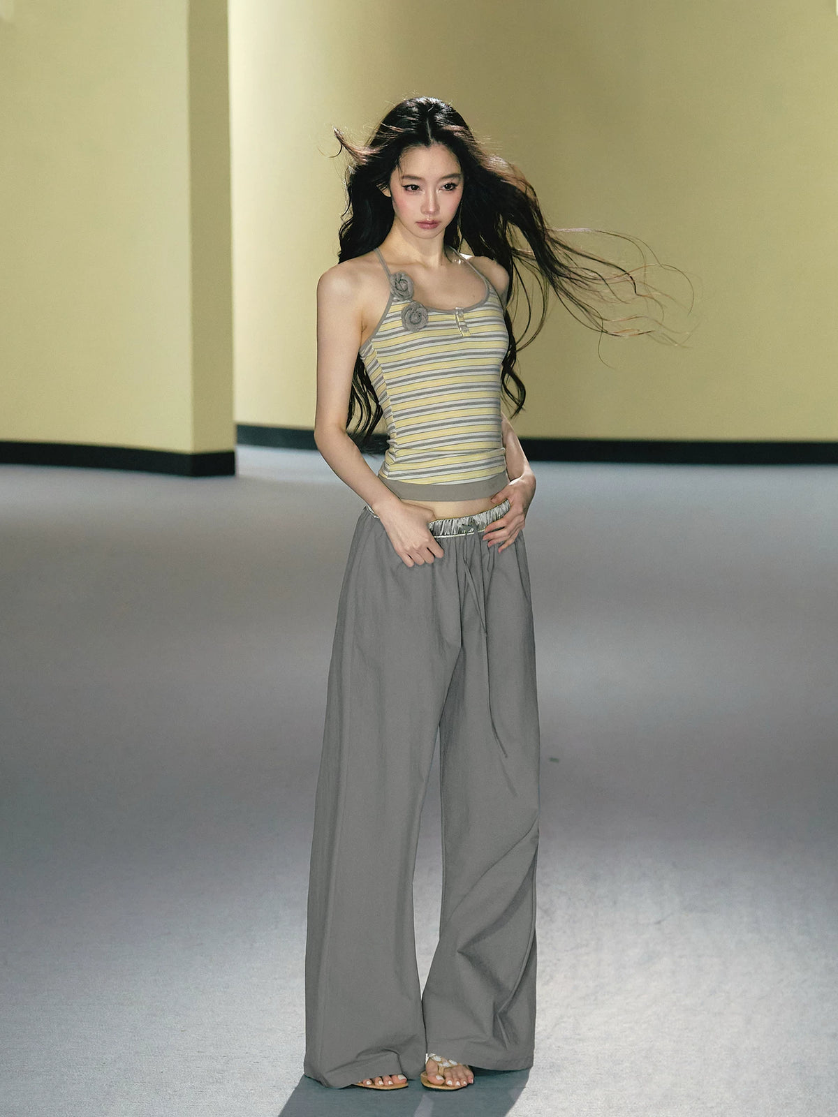 Satin Waistband Wide-Leg Pants