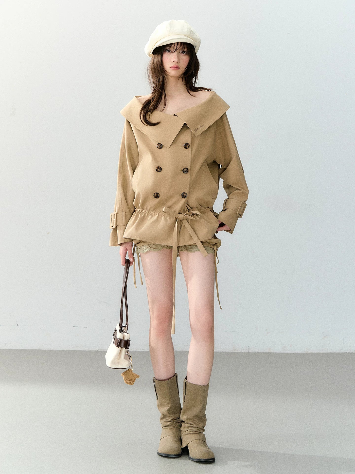 Khaki Lyocell Off Shoulder Trench