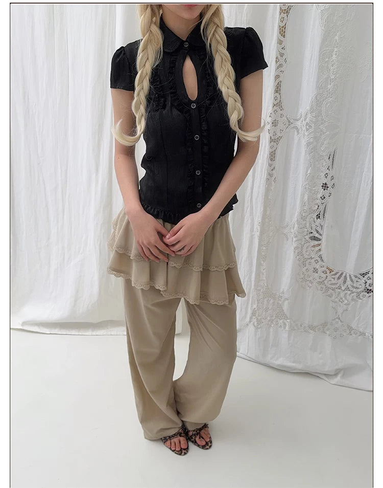 Ruffled Stand Collar Short Sleeve Top
