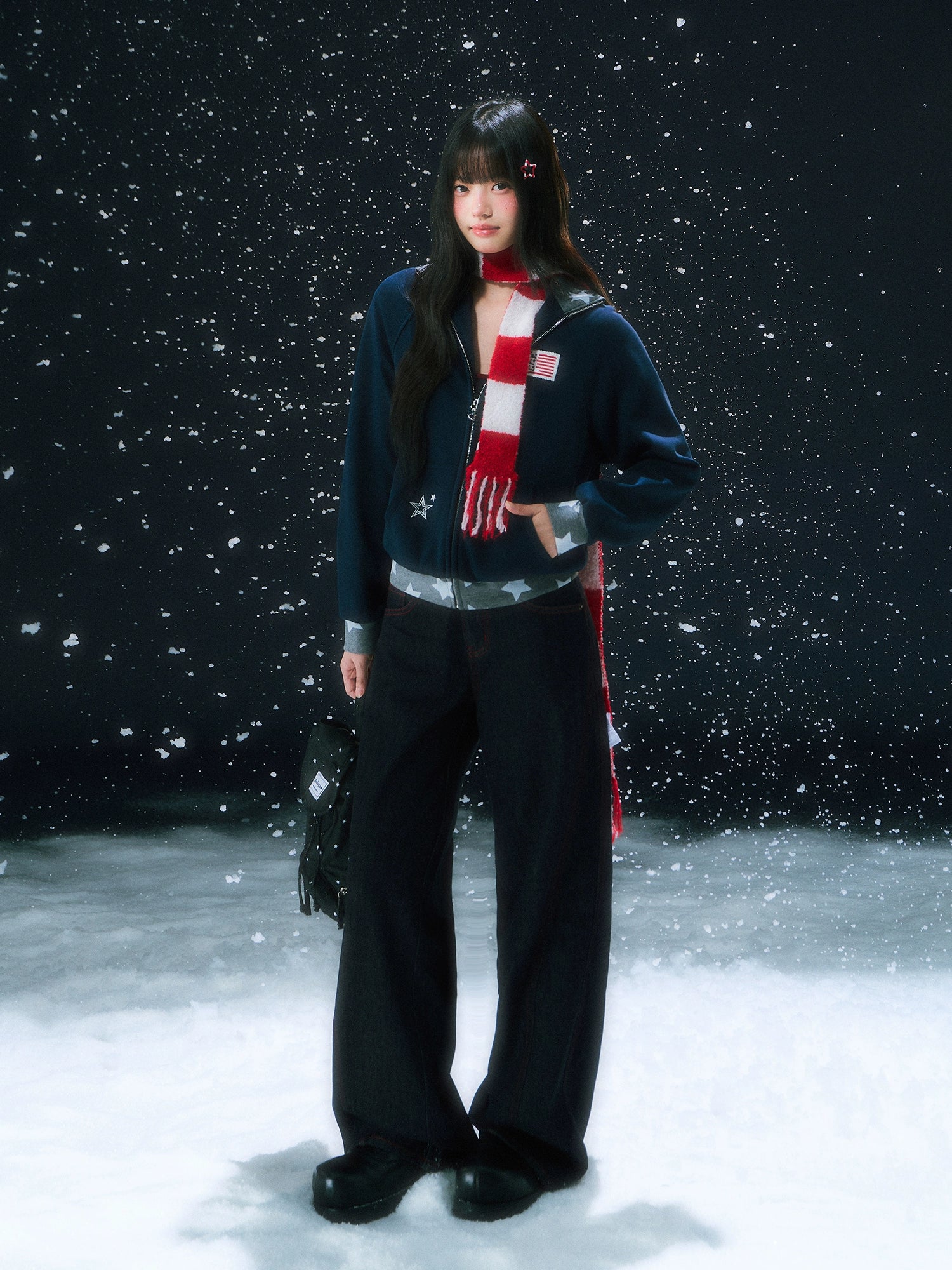 Contrast Stitch Embroidery Wide Pants