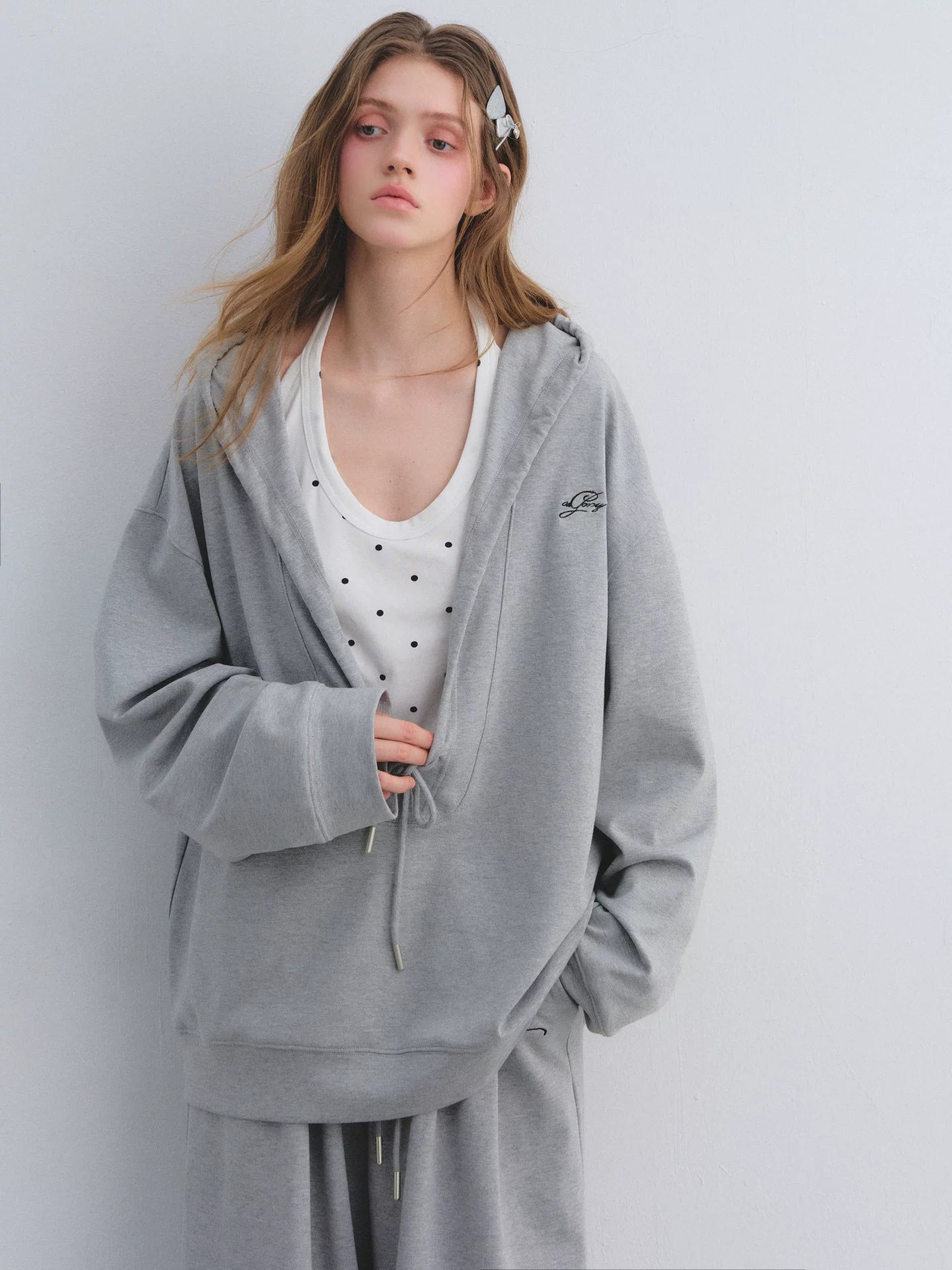 Polka Dot Vest Hooded Drawstring Sweatshirt Pants Set