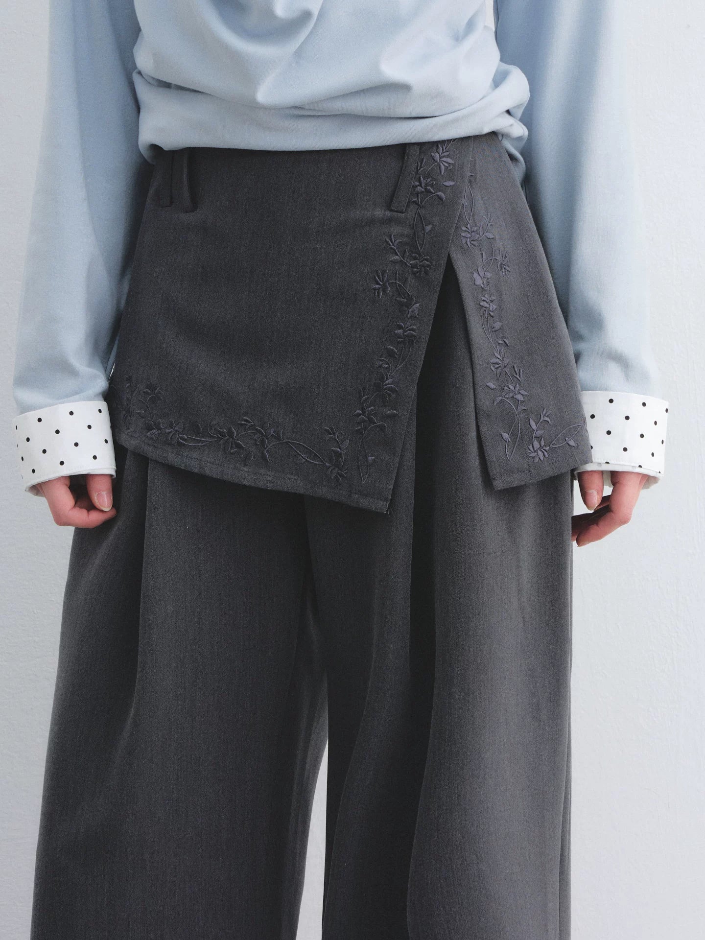 Gray Embroidered Curtain Panel Pants
