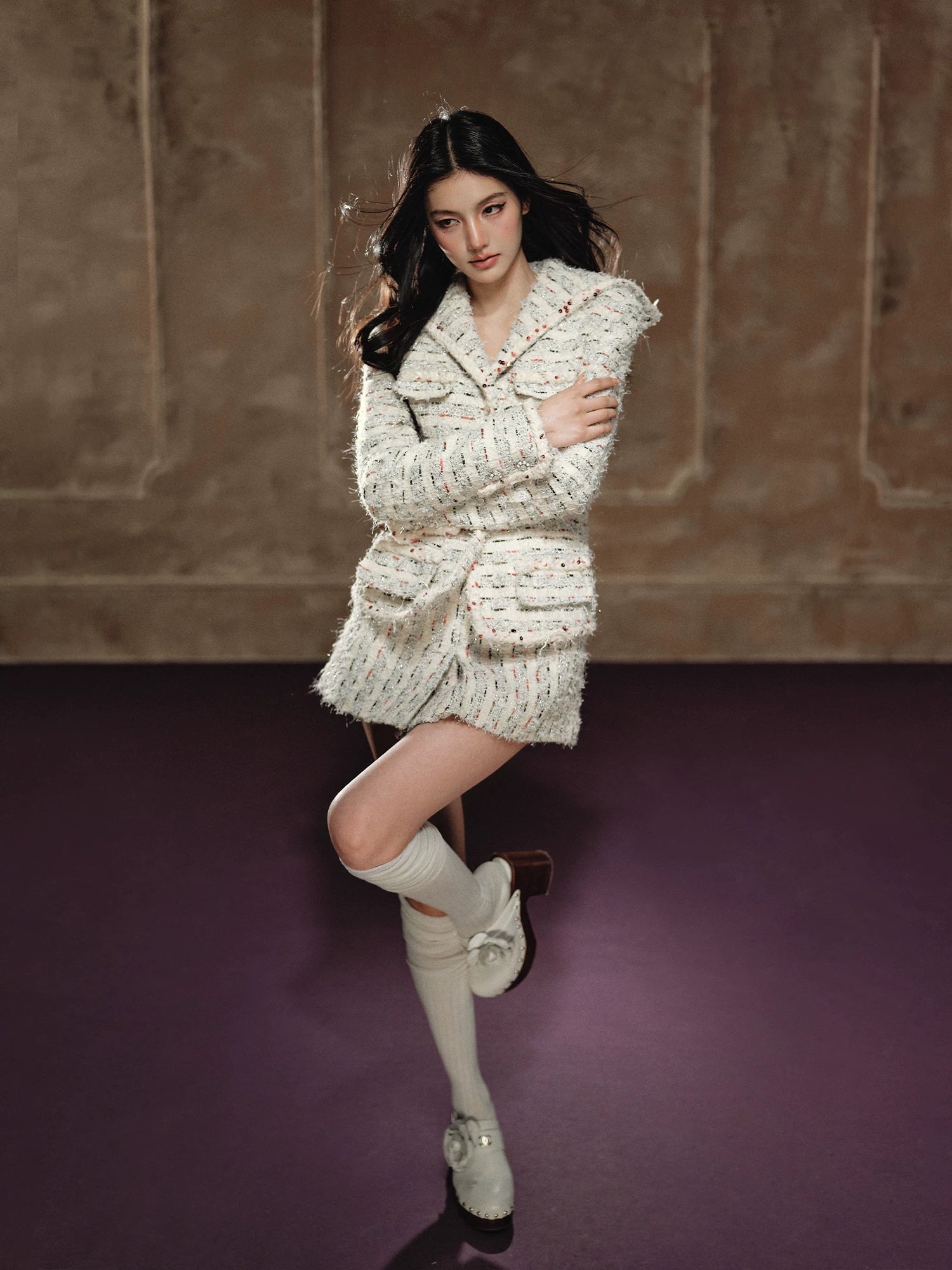 Beige Textured Cropped Jacket & Skirt Set