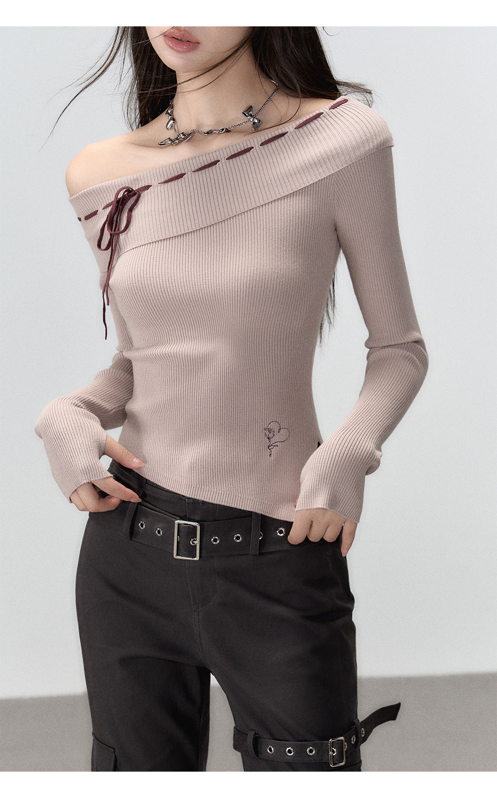 Black & Brown Off-shoulder Knitted Long Sleeve T-shirt