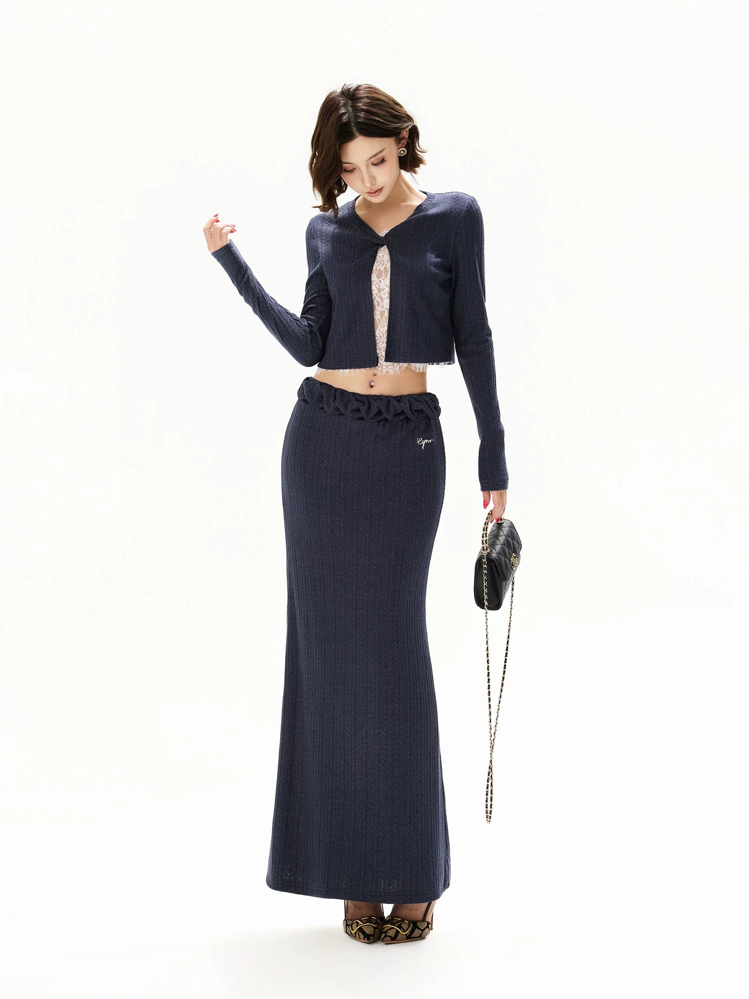 Navy Lace Layered Knit Set