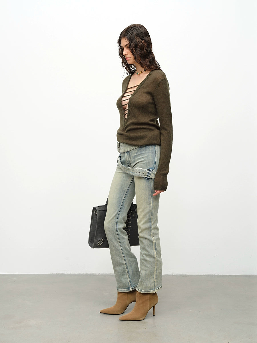 Black & Green Wool Handmade Drawstring Knit Pullover Sweater