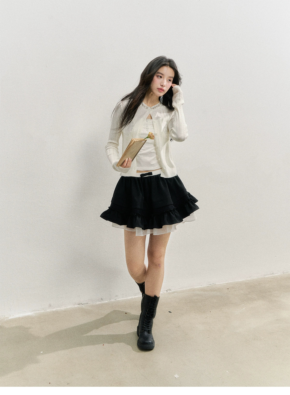 Handmade Rhinestone Collar Rose-Embroidered Knitted Cardigan