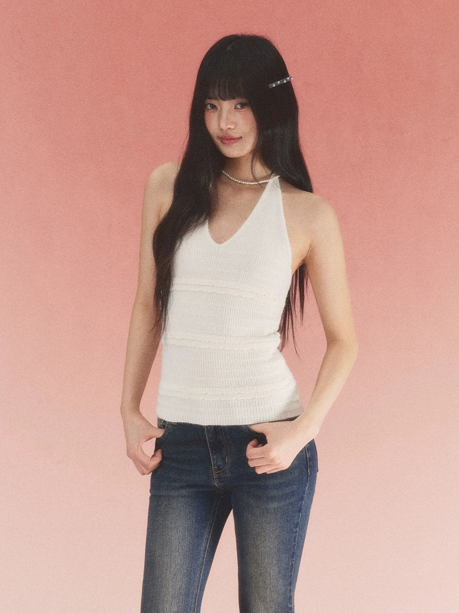 White Textured Halter Knit Top