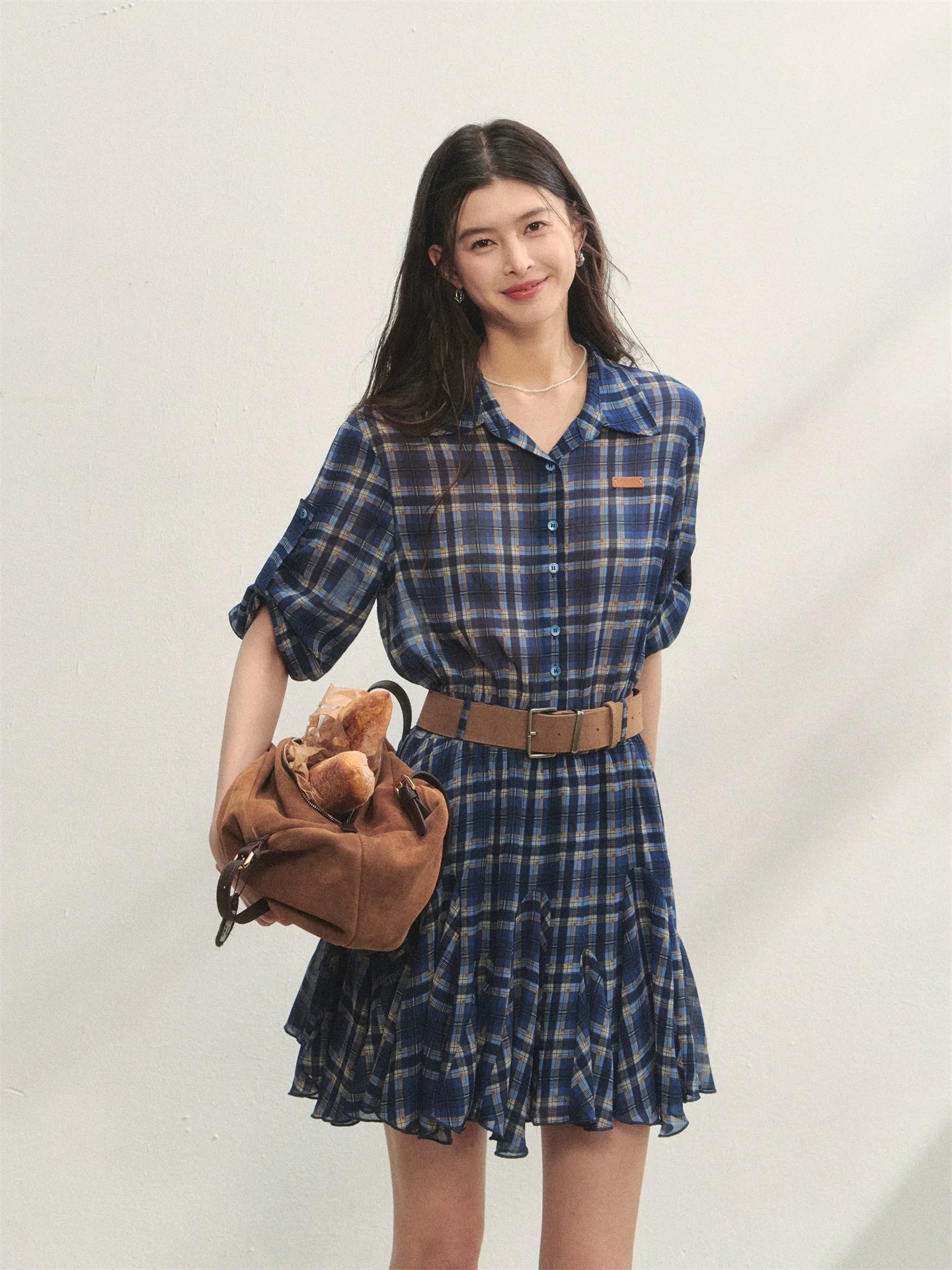 Collared Checked Waist-fitted Long-sleeve Shirt Dress