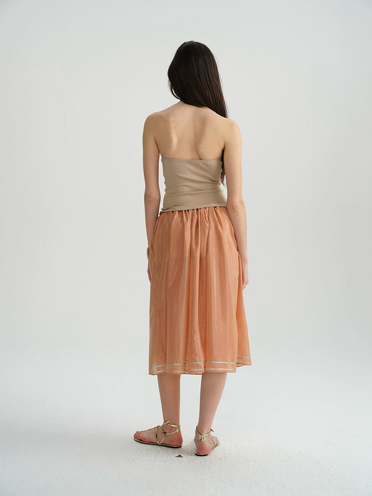 Orange Tencel Embroidered Beaded Skirt