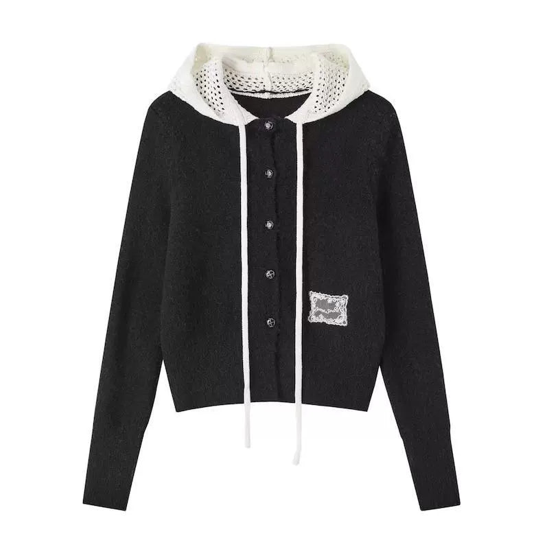 Hollow‑Knit Hooded Cardigan