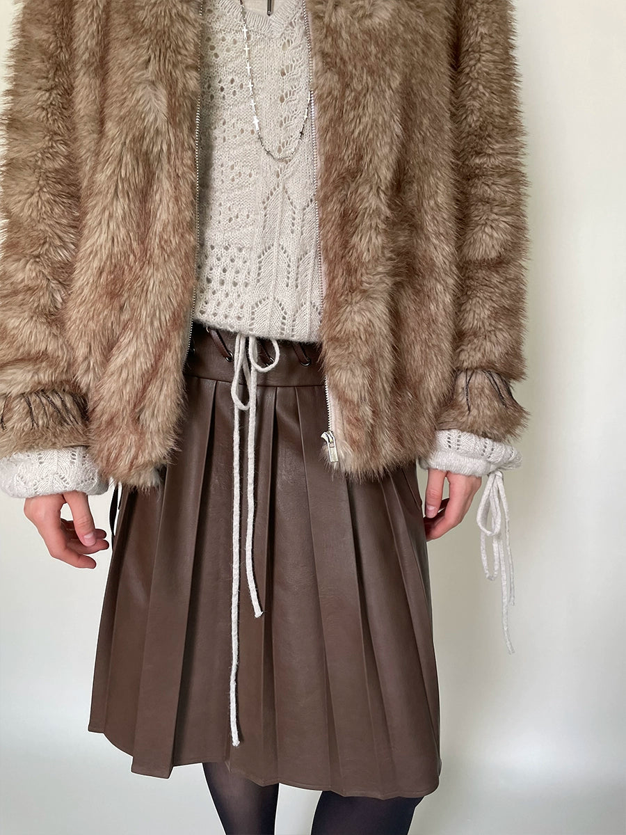 Brown Eyelet Lace-up Pleated Leather Skirt