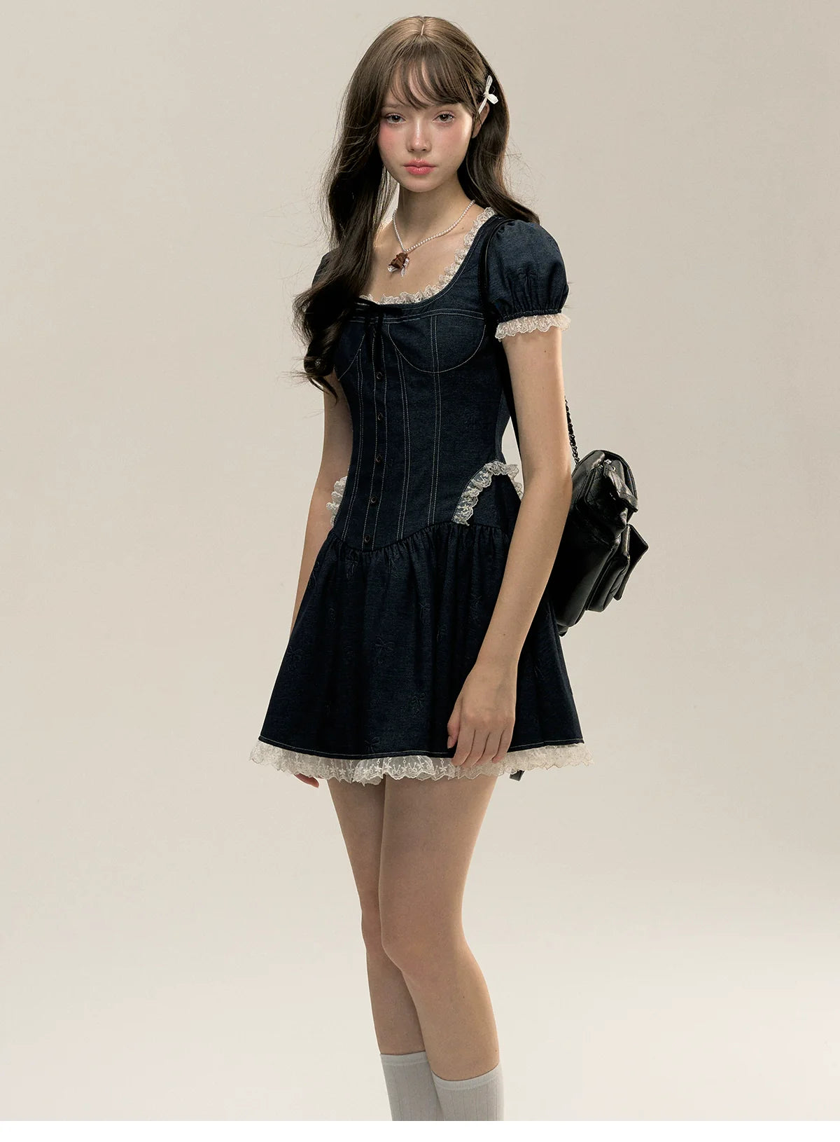 Square Neckline Short-sleeve Denim Dress