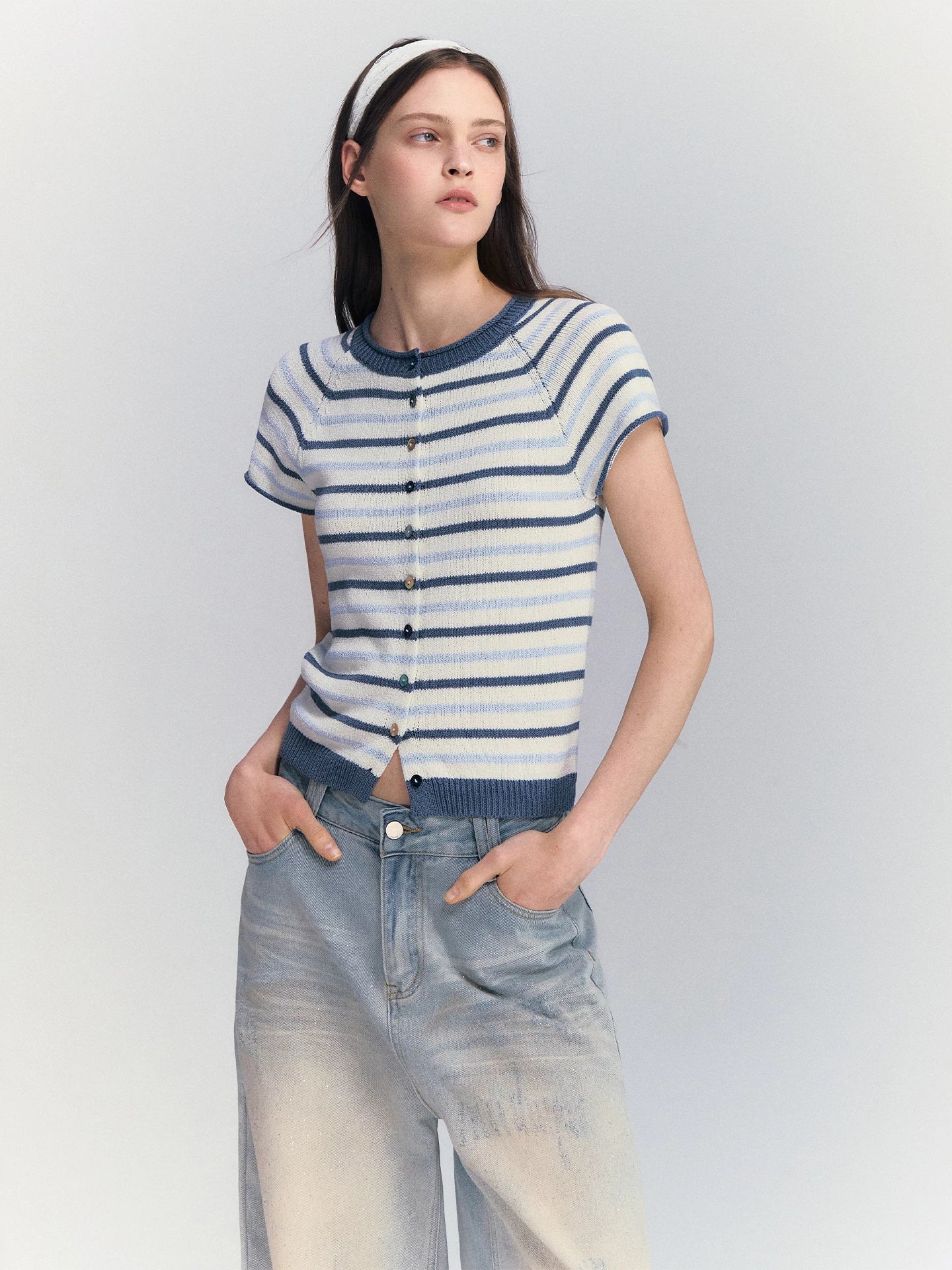 Striped Shell Button Cardigan