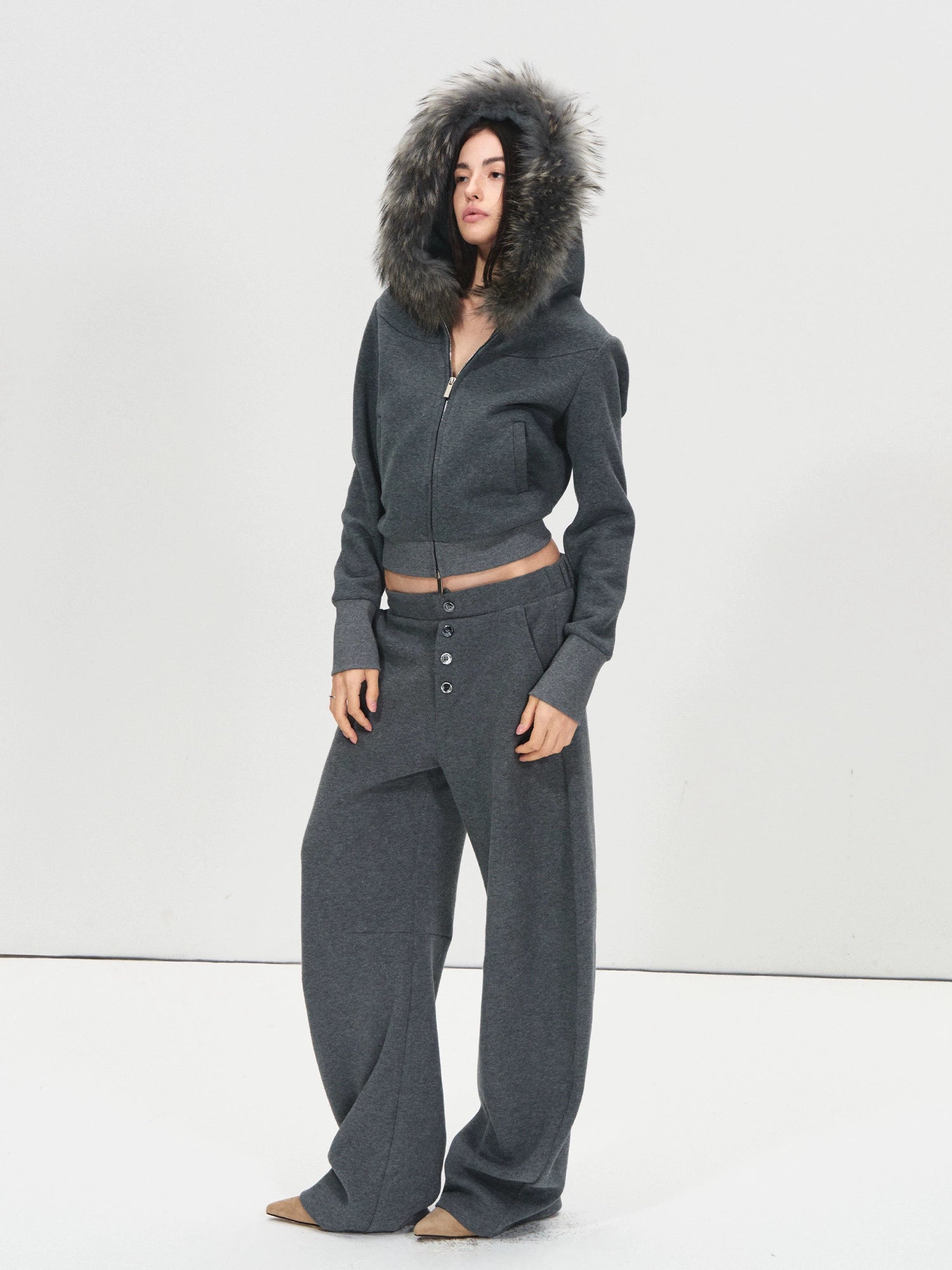 Detachable Fur Collar Hoodie & Sweatpants Set