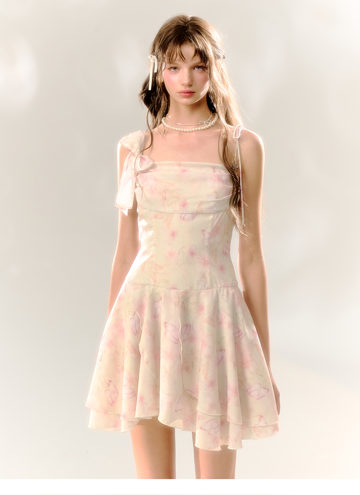 White Butterfly Print Cinched Waist Dress