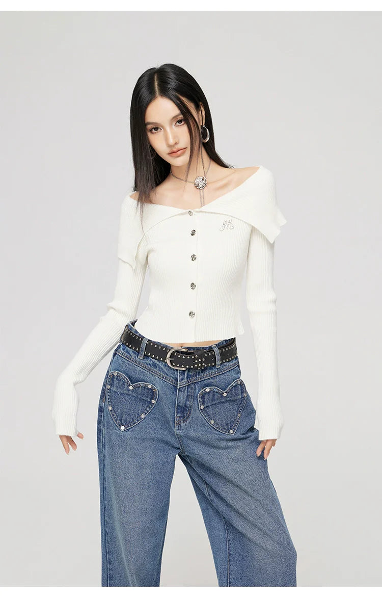 Black & Off-white Turn-down Collar Sweater
