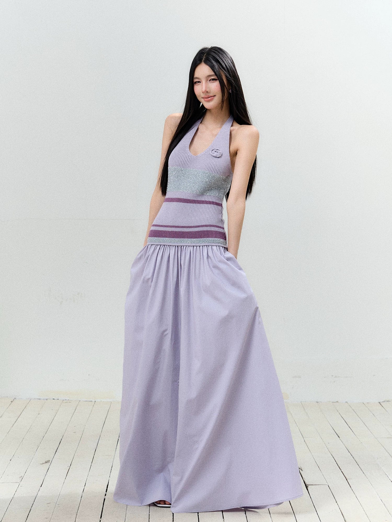 Lurex Halter V-Neck Backless Maxi Dress