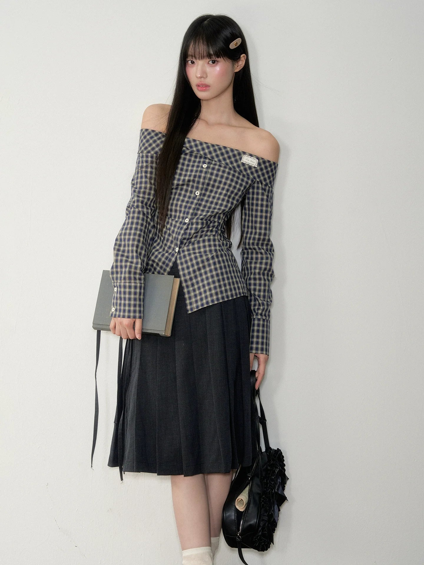 One-Shoulder Waist-Cinching Checked Shirt