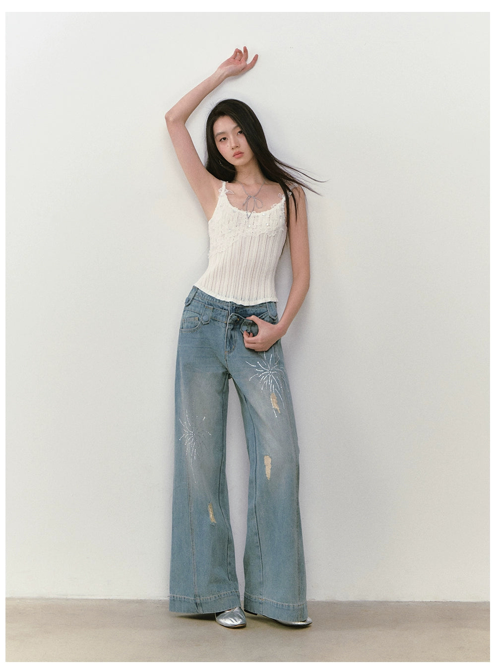 Rhinestone Double-Waistband Straight-Leg Jeans